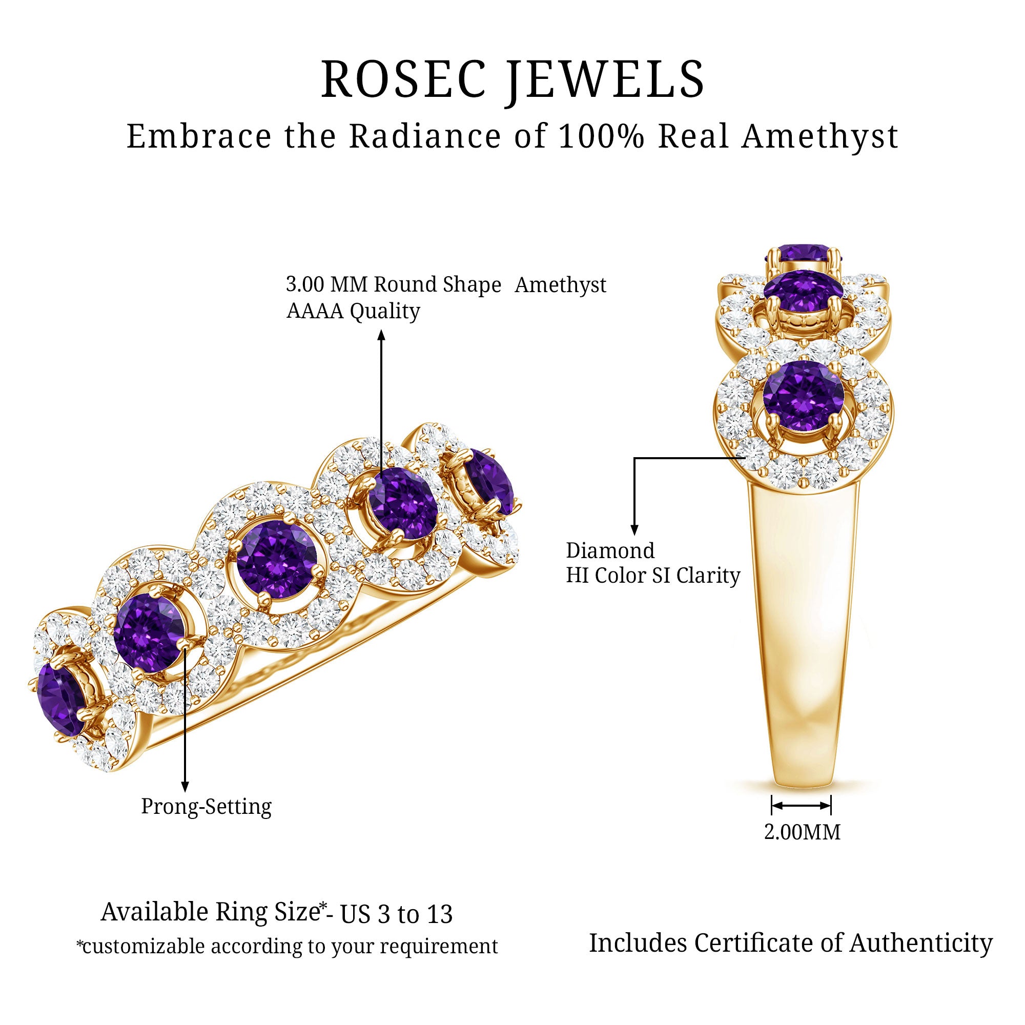 Natural Amethyst Diamond Half Eternity Band Ring for Women AAA - Rosec Jewels