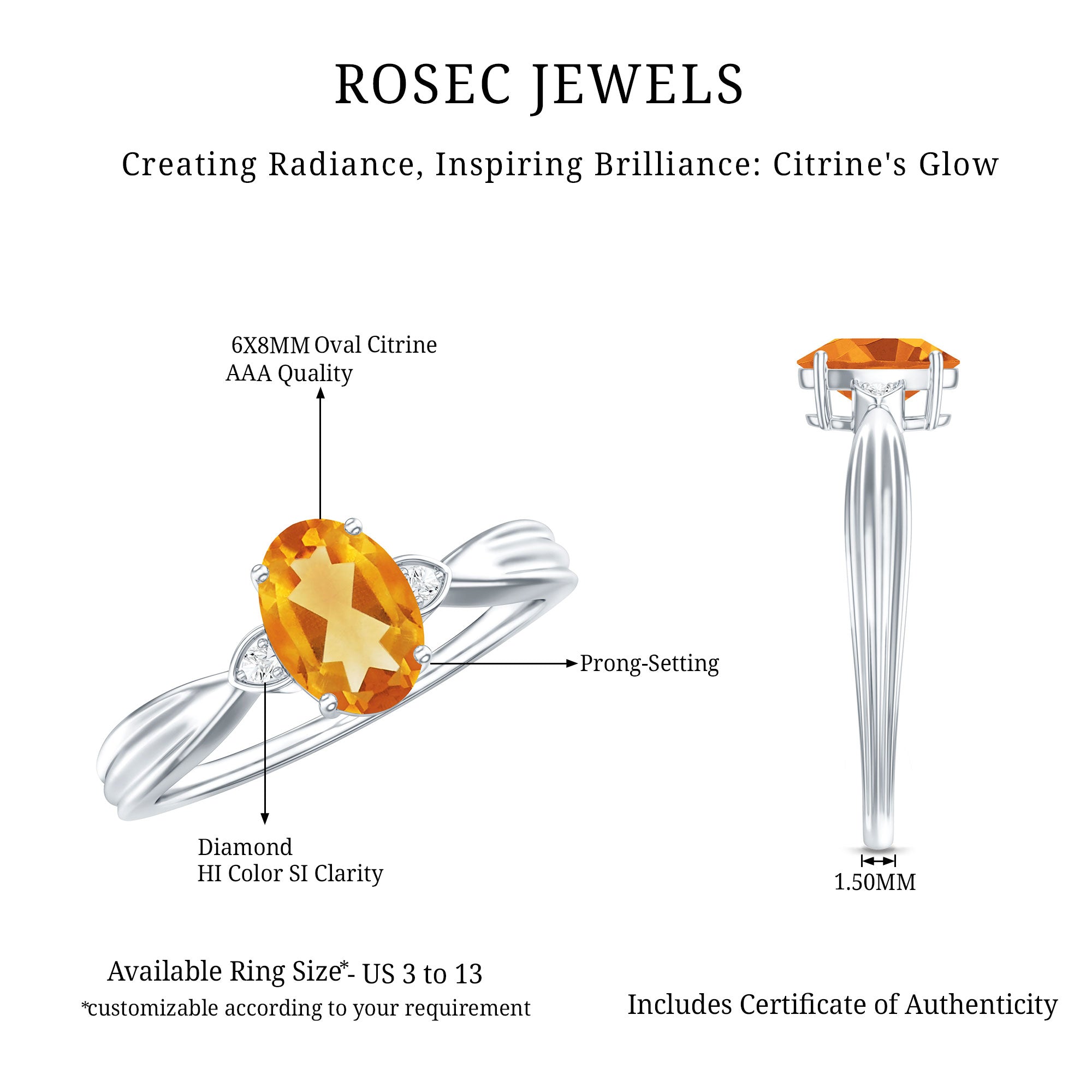 1 Carat Oval Cut Citrine Solitaire Engagement Ring with Diamond AAA - Rosec Jewels