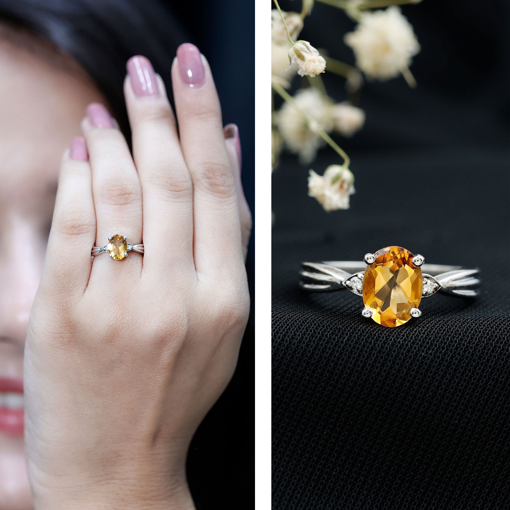 1 Carat Oval Cut Citrine Solitaire Engagement Ring with Diamond AAA - Rosec Jewels