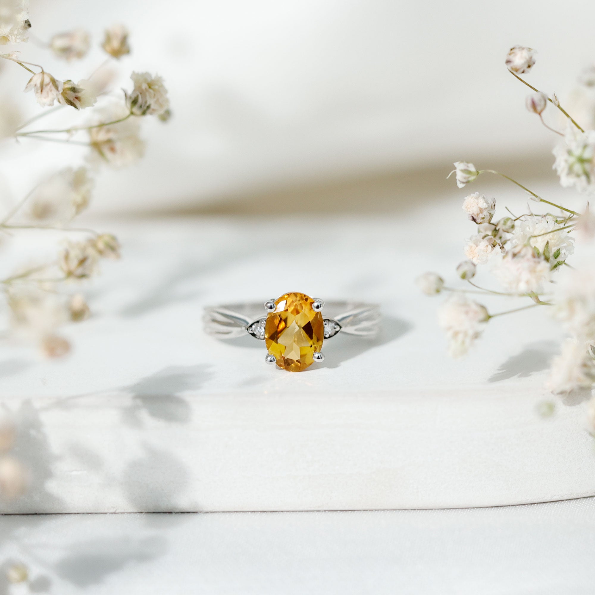 1 Carat Oval Cut Citrine Solitaire Engagement Ring with Diamond AAA - Rosec Jewels
