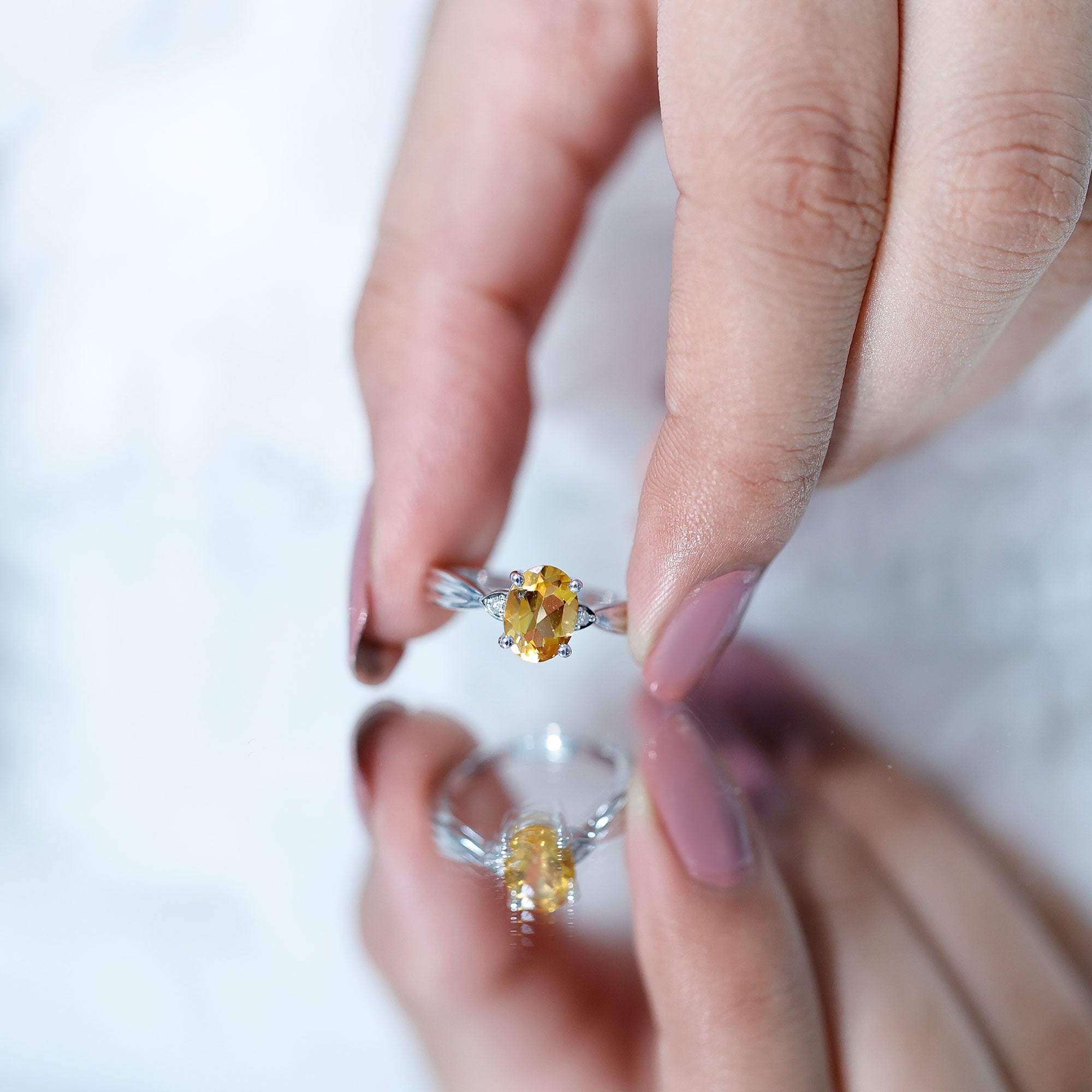 1 Carat Oval Cut Citrine Solitaire Engagement Ring with Diamond AAA - Rosec Jewels
