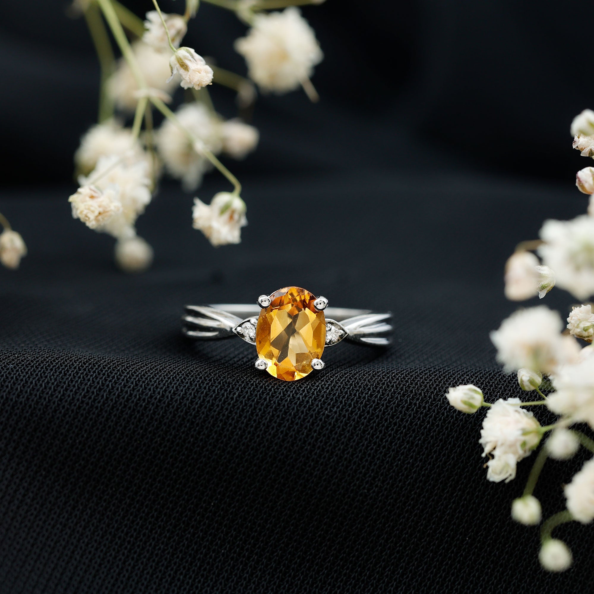 1 Carat Oval Cut Citrine Solitaire Engagement Ring with Diamond AAA - Rosec Jewels