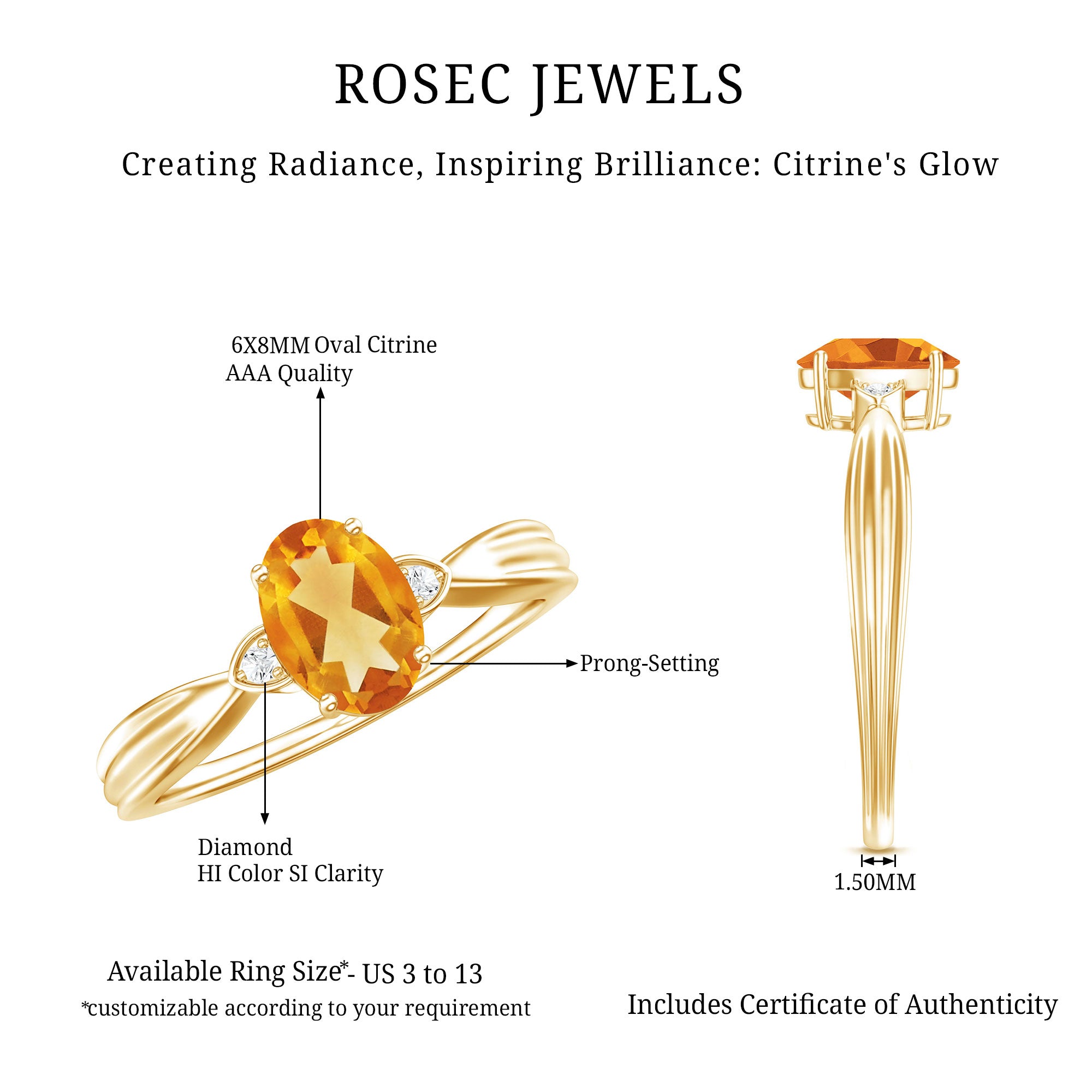 1 Carat Oval Cut Citrine Solitaire Engagement Ring with Diamond AAA - Rosec Jewels