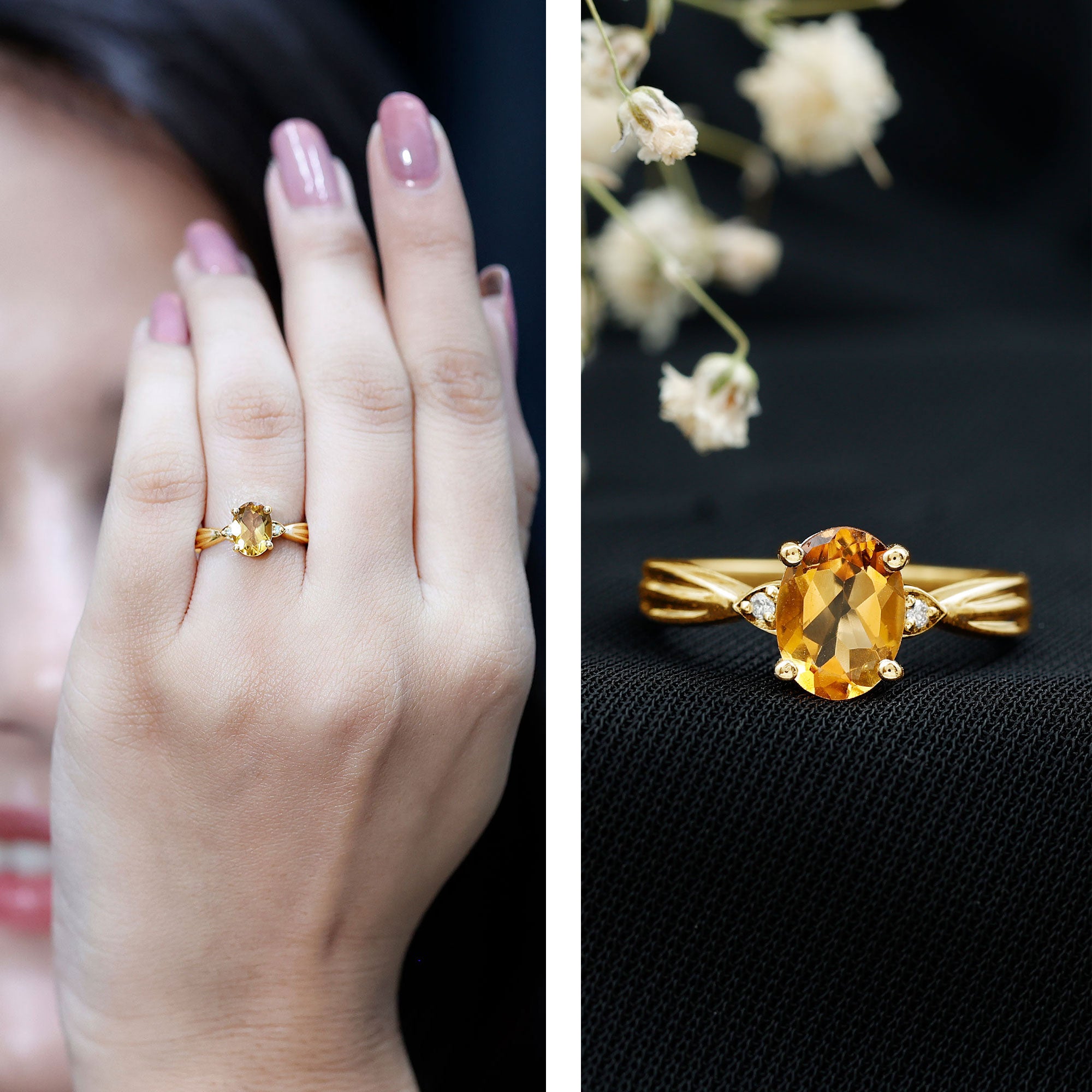 1 Carat Oval Cut Citrine Solitaire Engagement Ring with Diamond AAA - Rosec Jewels