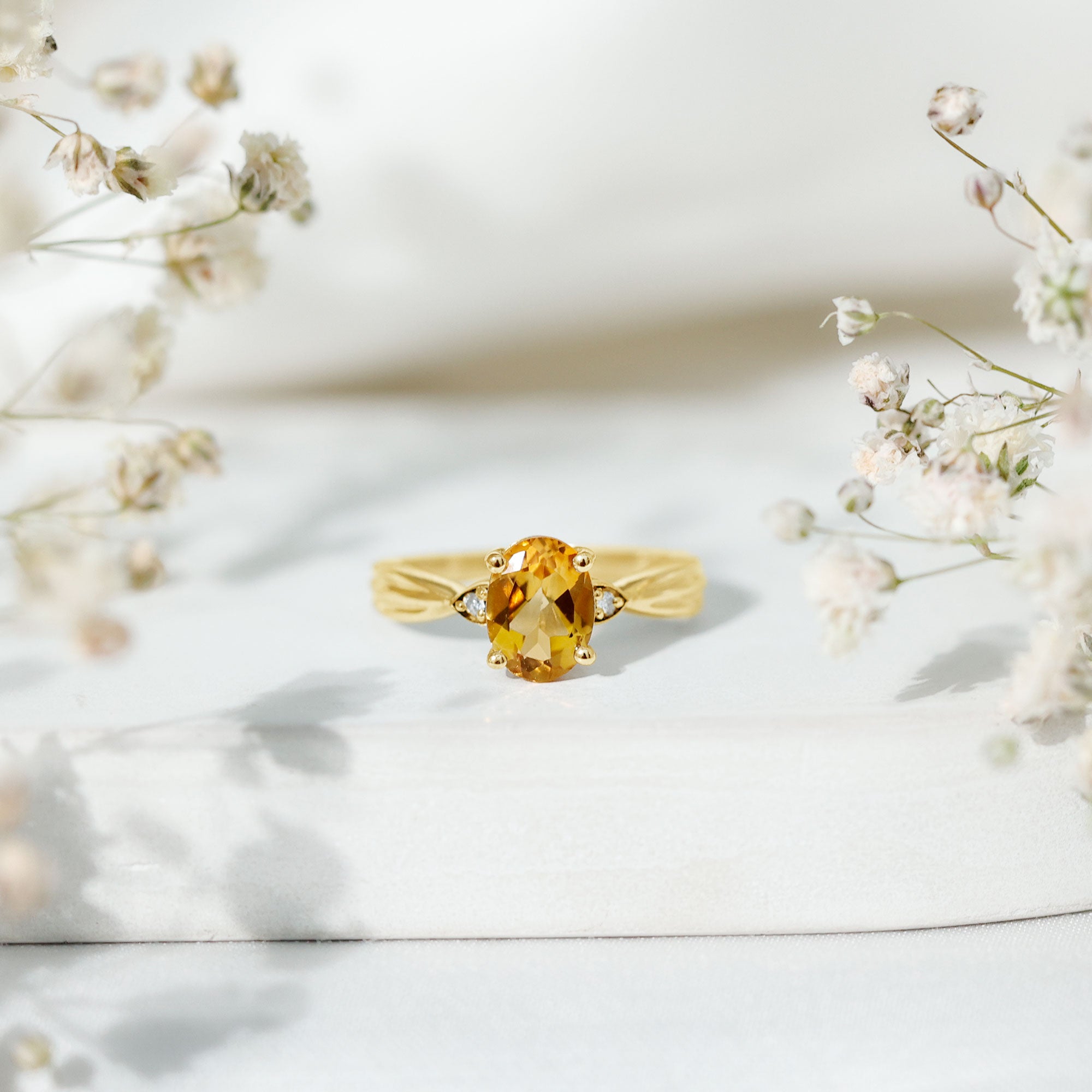 1 Carat Oval Cut Citrine Solitaire Engagement Ring with Diamond AAA - Rosec Jewels