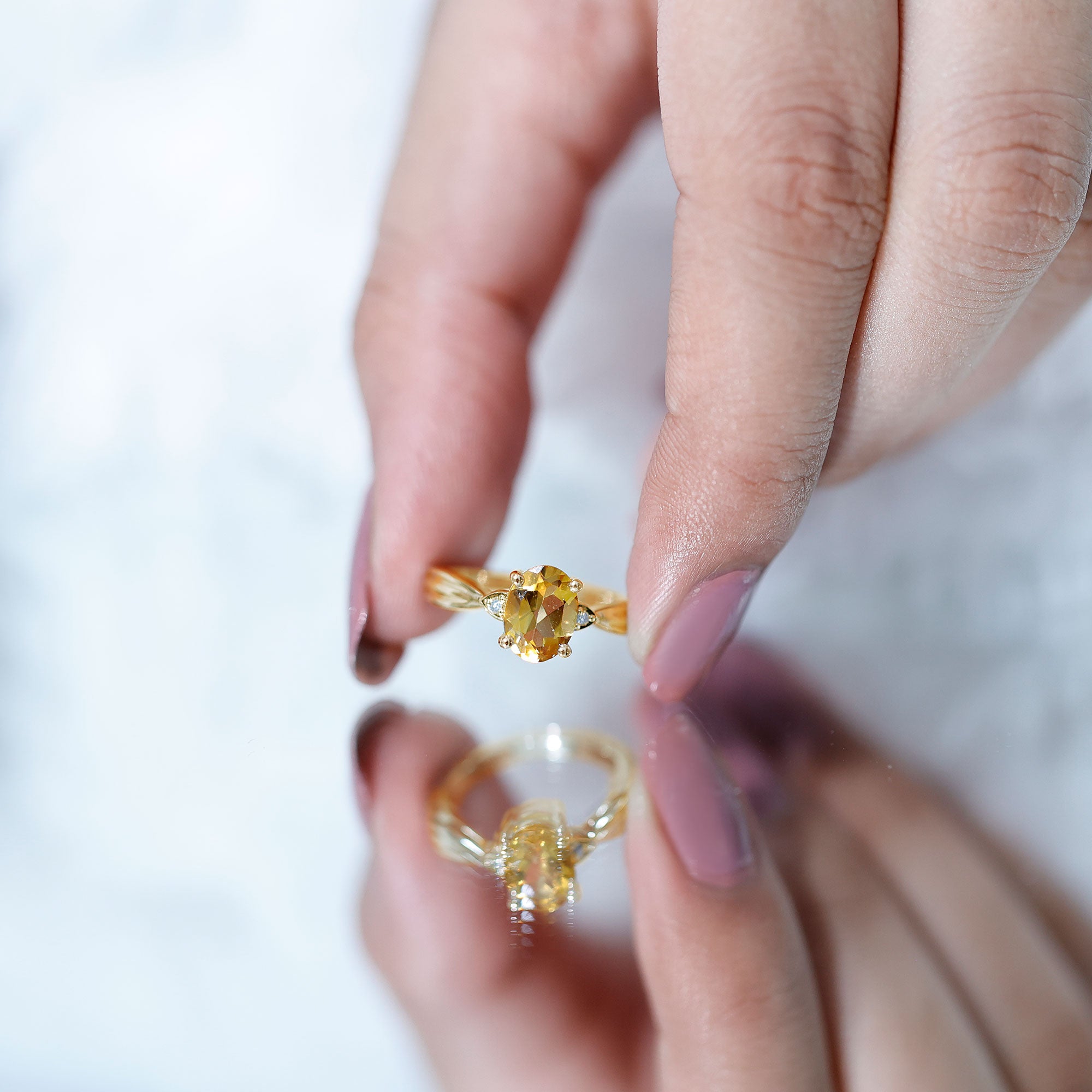1 Carat Oval Cut Citrine Solitaire Engagement Ring with Diamond AAA - Rosec Jewels