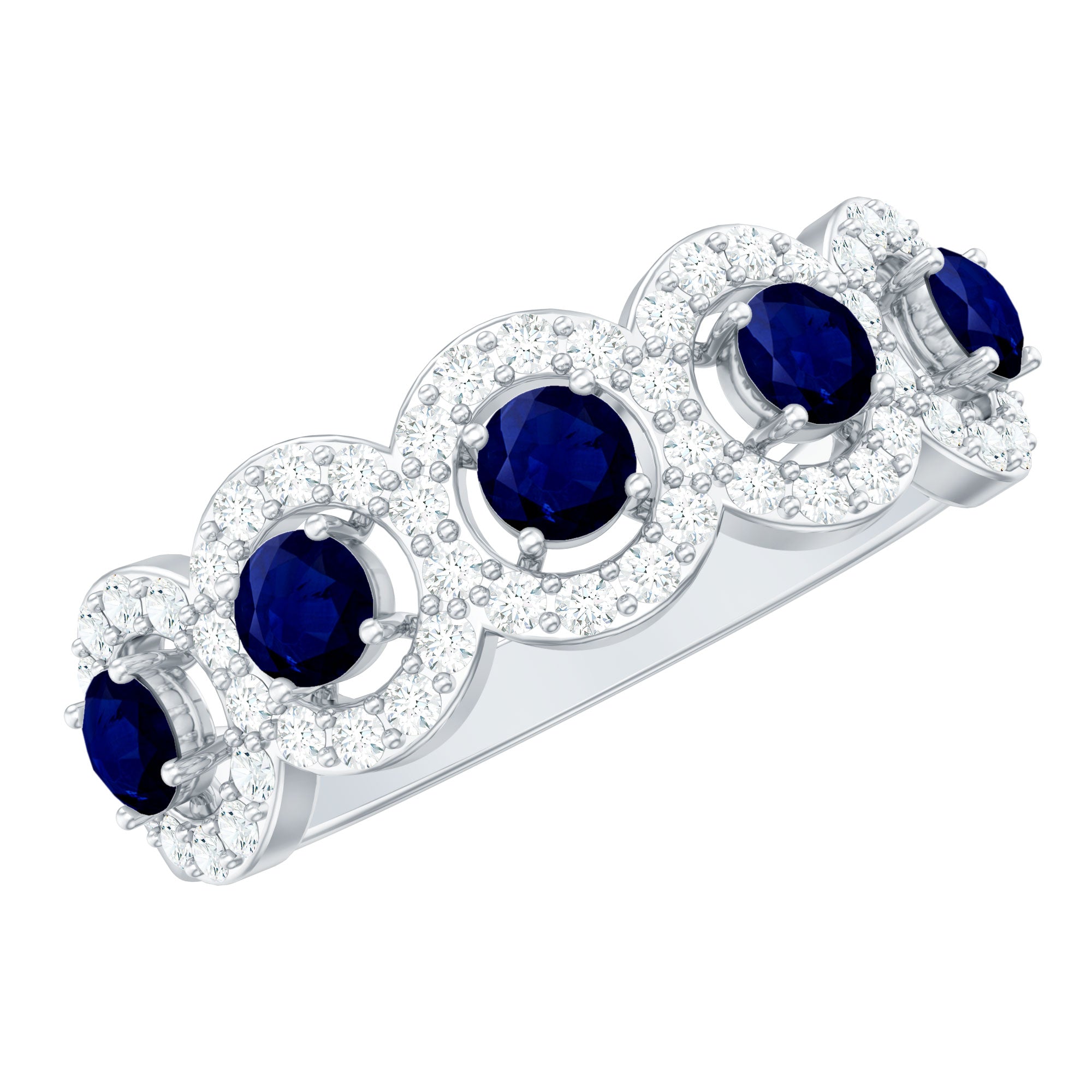 Bague classique avec saphir bleu de forme ronde et halo de diamants de 1,75 ct