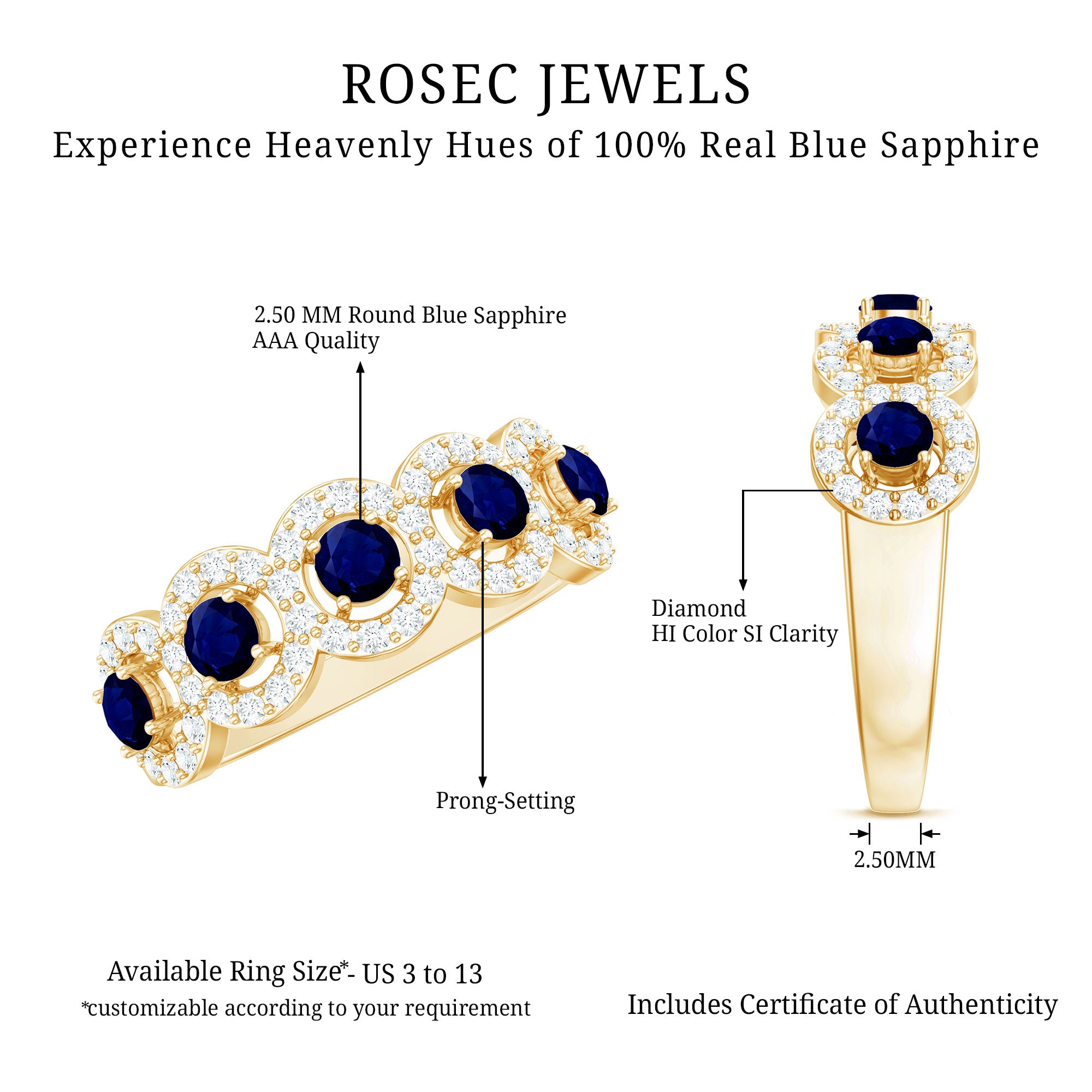 Classic Blue Sapphire Half Eternity Anniversary Ring with Diamond AAA - Rosec Jewels