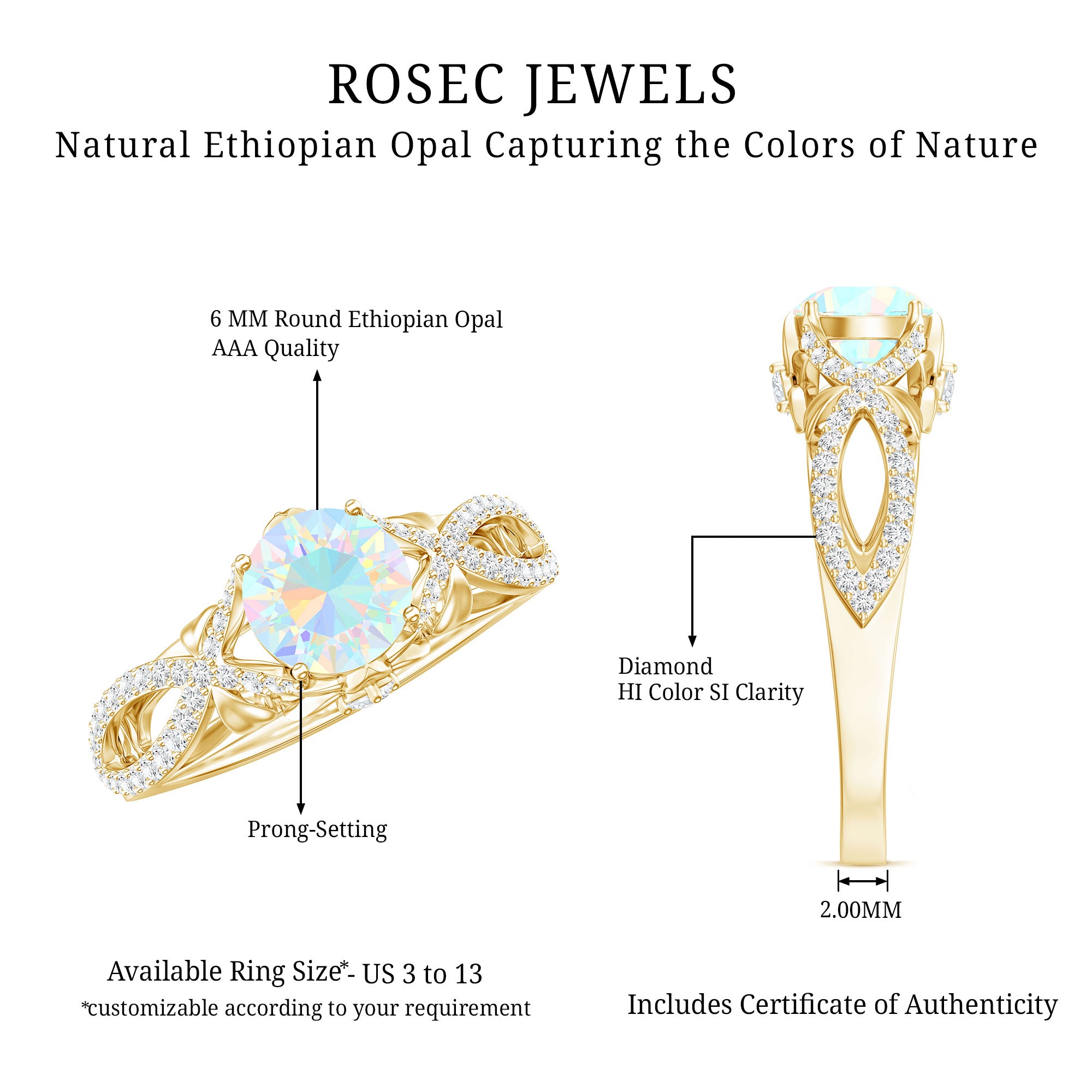 Ethiopian Opal and Diamond Engagement Ring with Crossover Shank AAA - Rosec Jewels