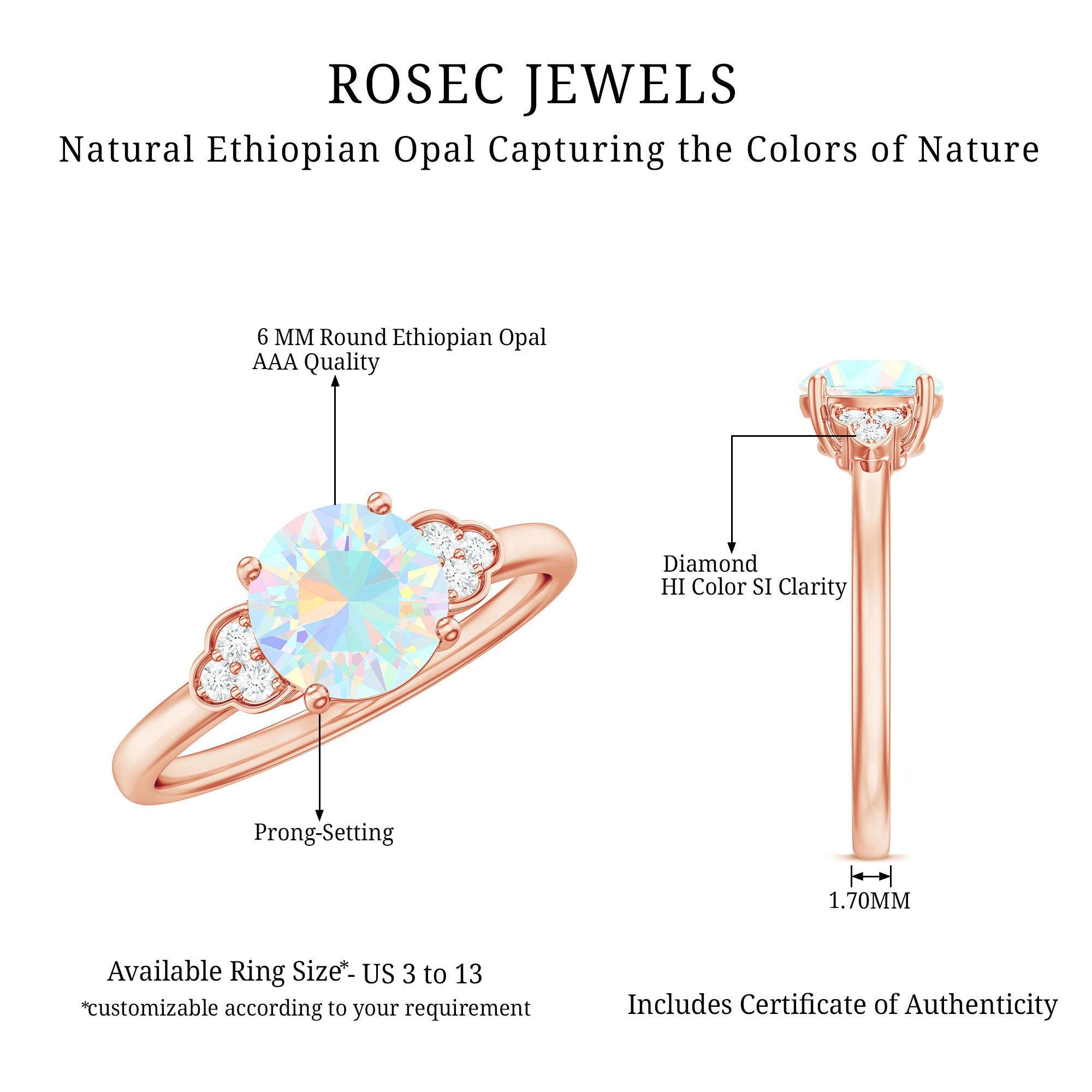 Natural Ethiopian Opal Engagement Ring with Diamond Trio AAA - Rosec Jewels