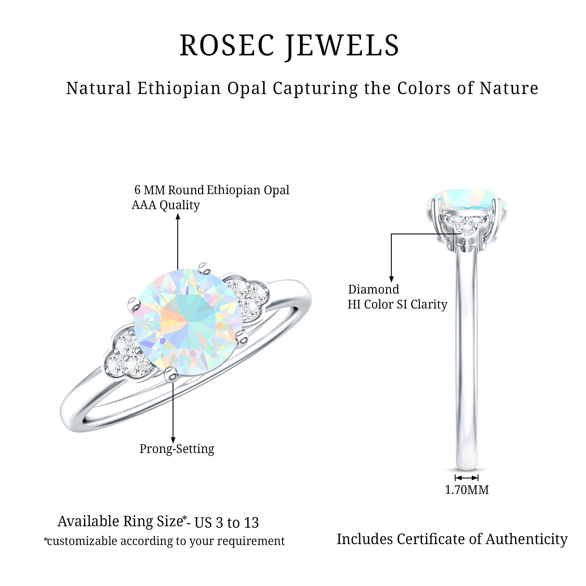Natural Ethiopian Opal Engagement Ring with Diamond Trio AAA - Rosec Jewels