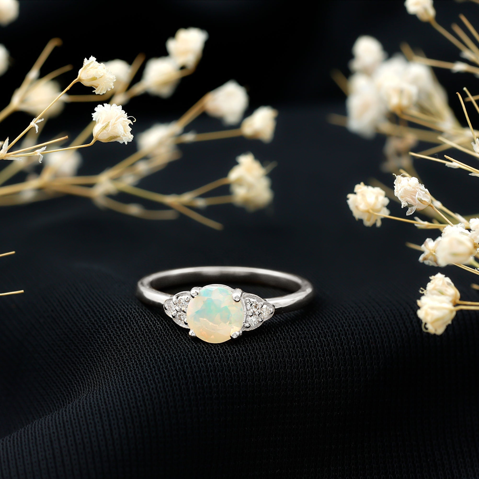 Natural Ethiopian Opal Engagement Ring with Diamond Trio AAA - Rosec Jewels