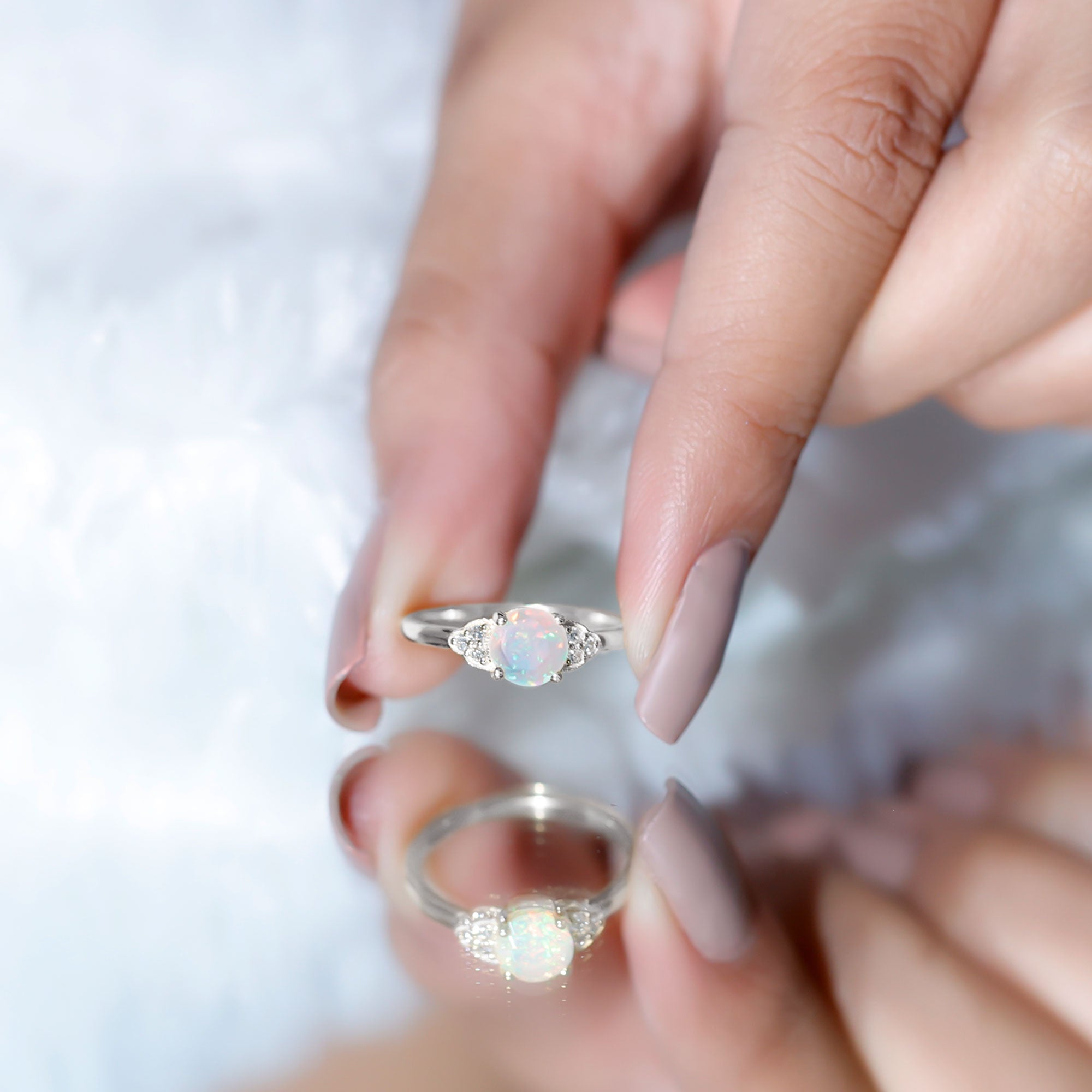 Natural Ethiopian Opal Engagement Ring with Diamond Trio AAA - Rosec Jewels