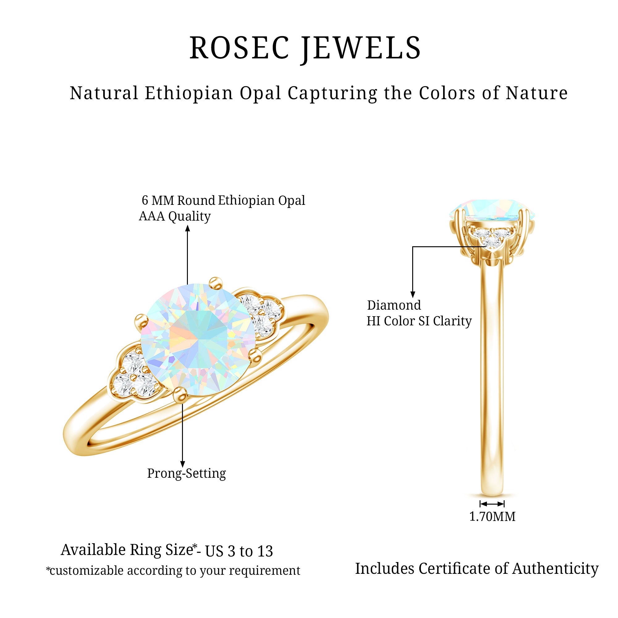 Natural Ethiopian Opal Engagement Ring with Diamond Trio AAA - Rosec Jewels