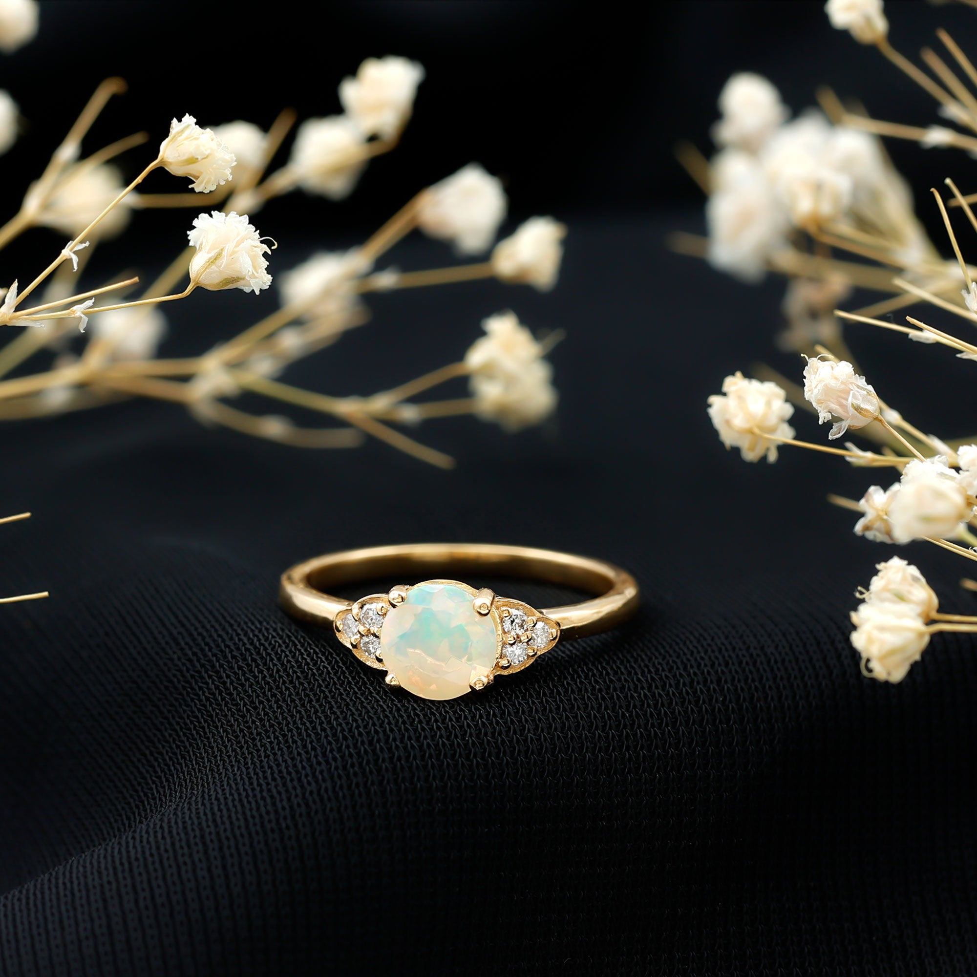 Natural Ethiopian Opal Engagement Ring with Diamond Trio AAA - Rosec Jewels