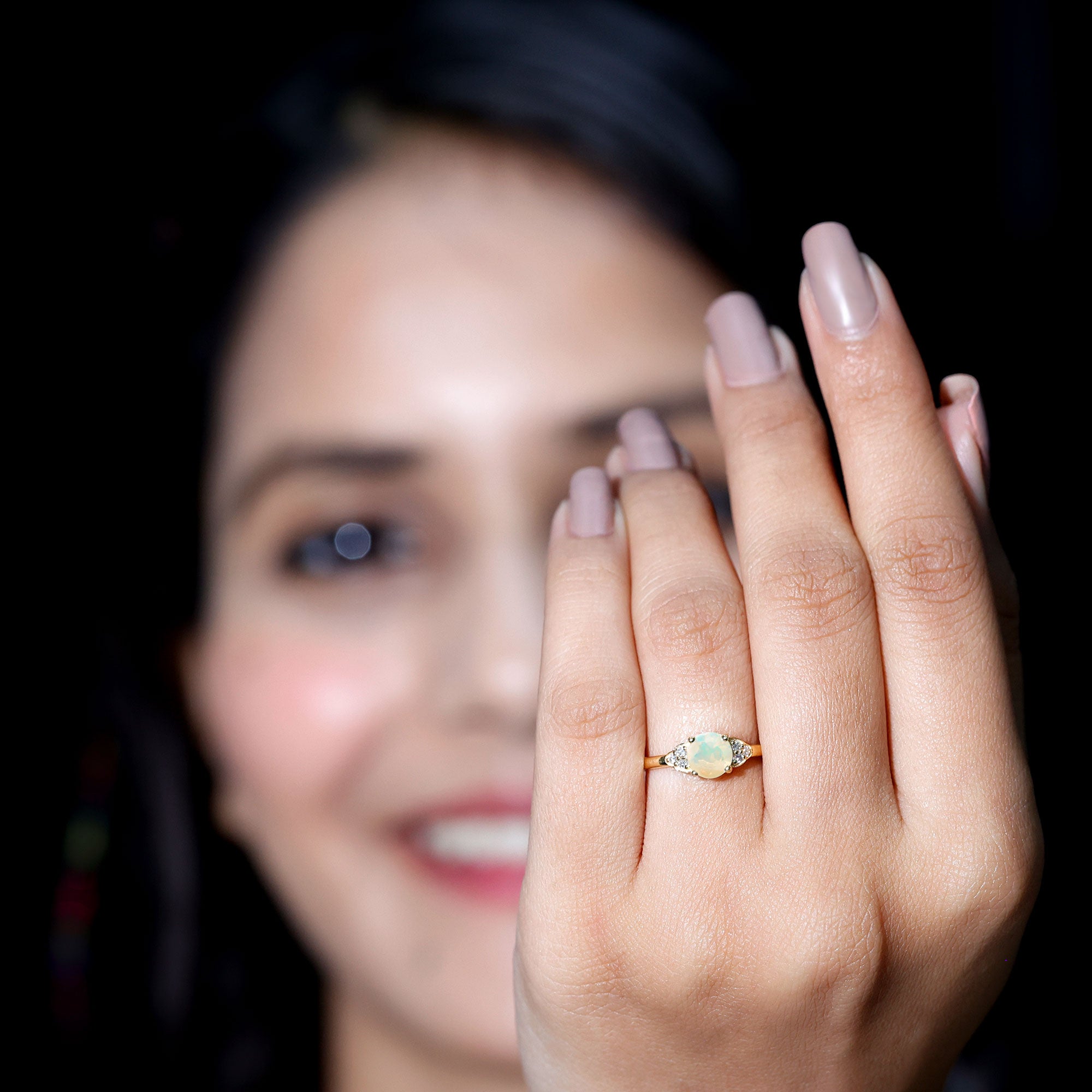 Natural Ethiopian Opal Engagement Ring with Diamond Trio AAA - Rosec Jewels