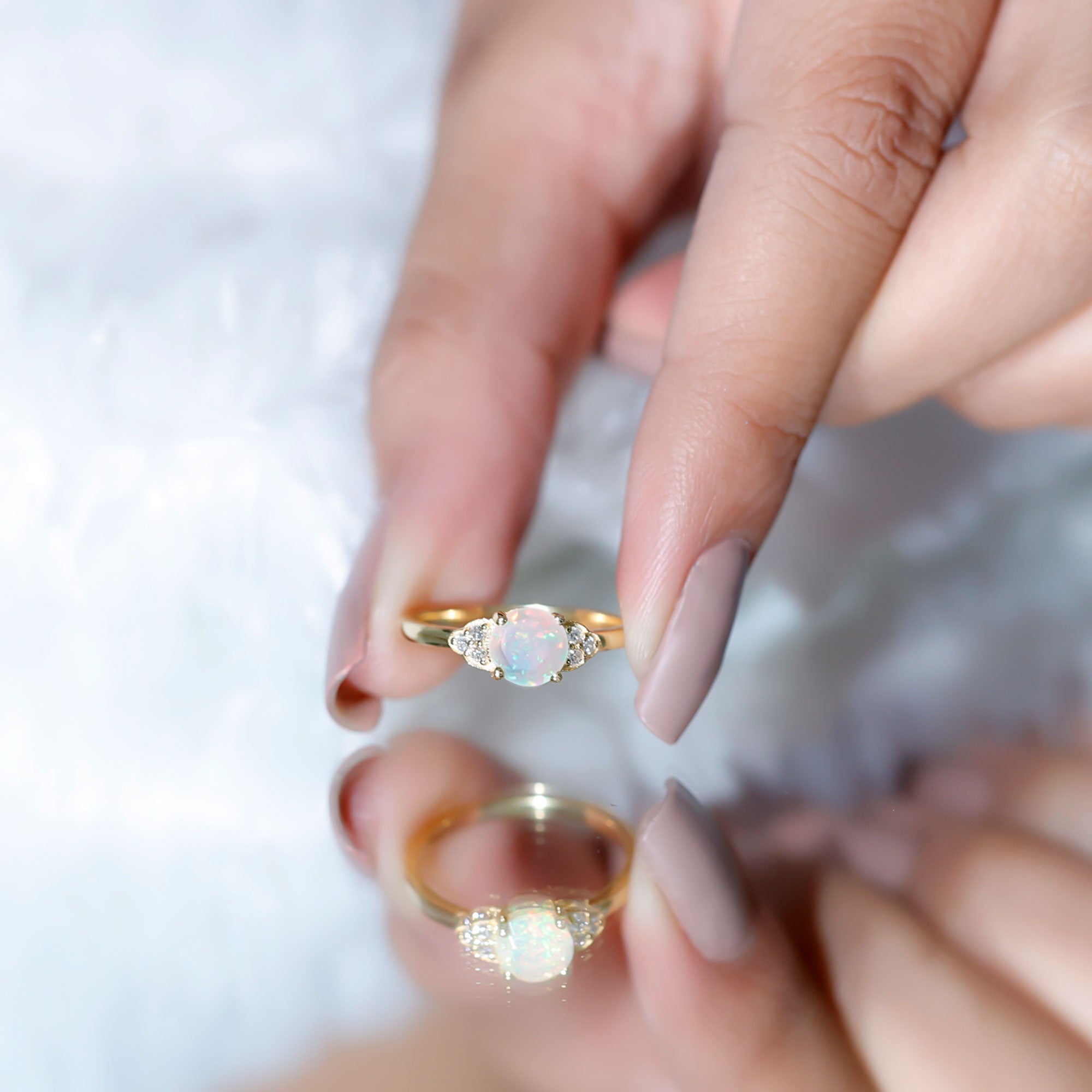 Natural Ethiopian Opal Engagement Ring with Diamond Trio AAA - Rosec Jewels