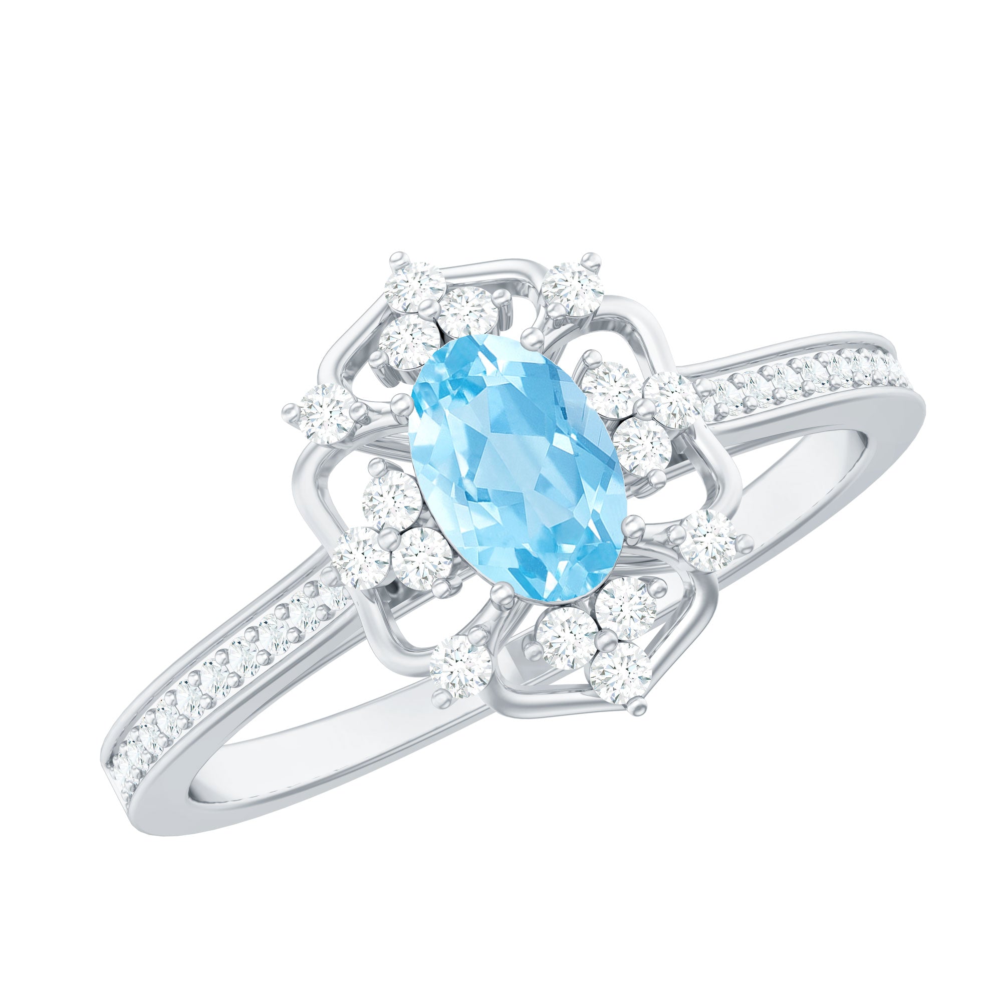 Vintage Style Aquamarine Flower Engagement Ring with Diamond