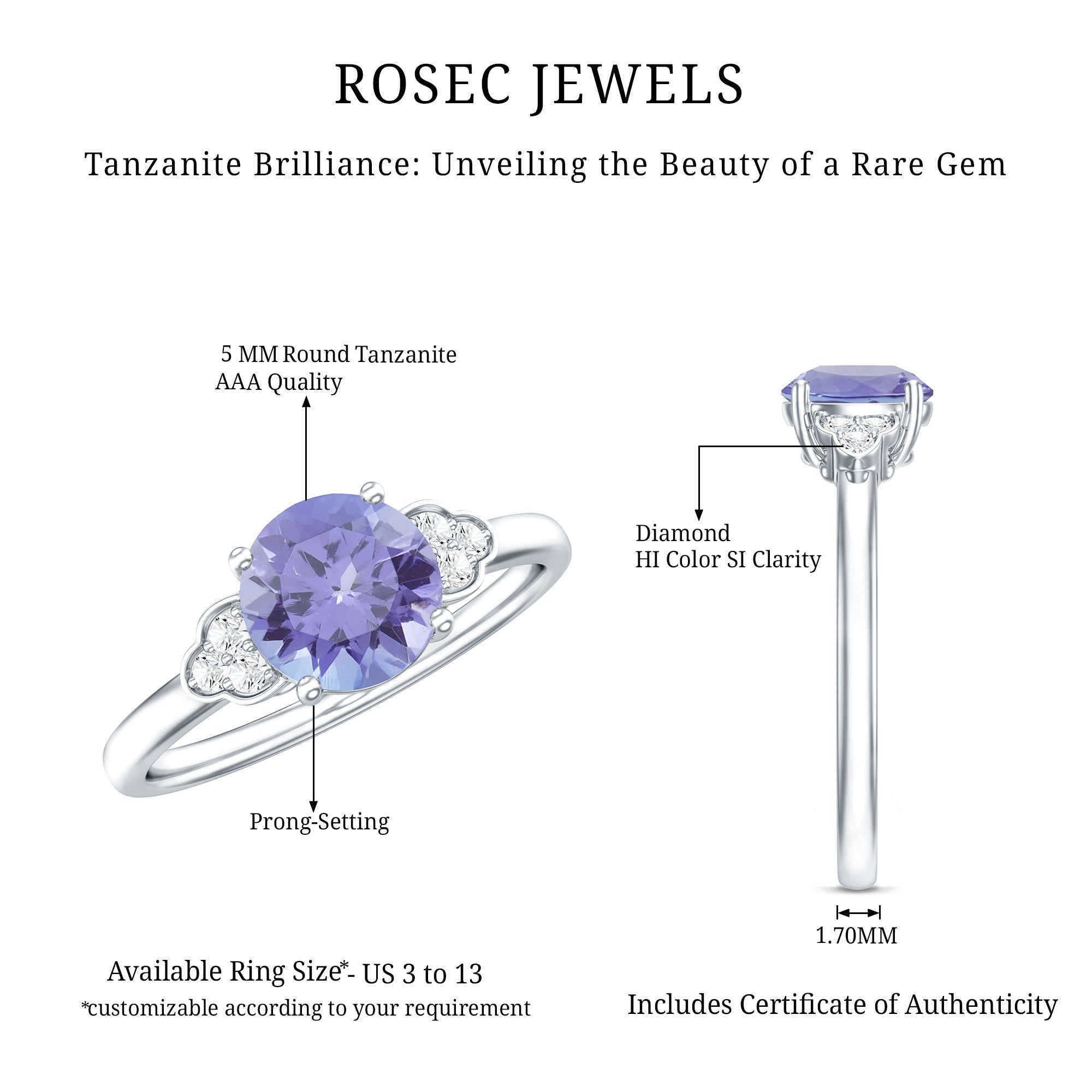 Natural Tanzanite Engagement Ring with Trio of Diamond AAA - Rosec Jewels