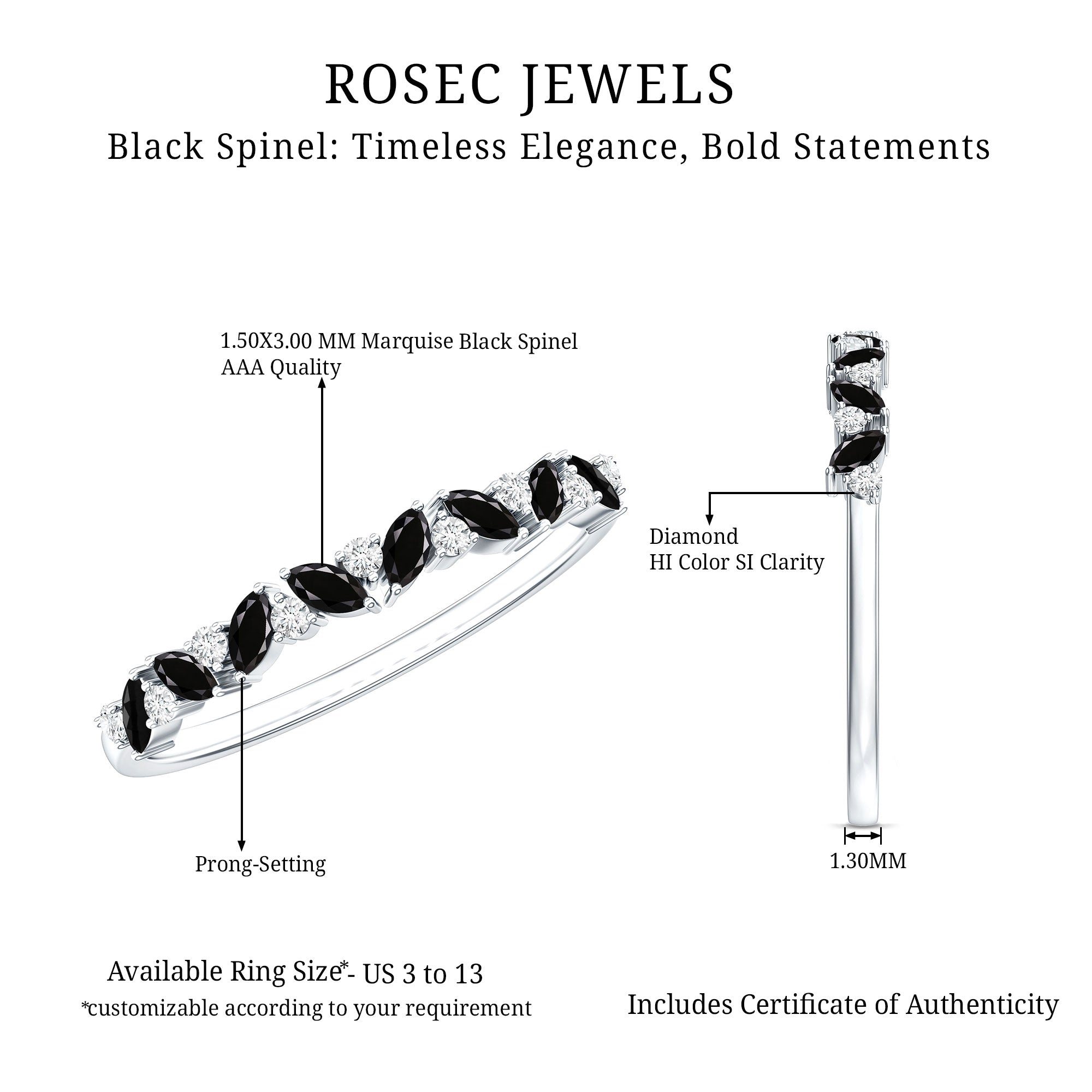 Natural Marquise Black Spinel Diamond Half Eternity Ring AAA - Rosec Jewels