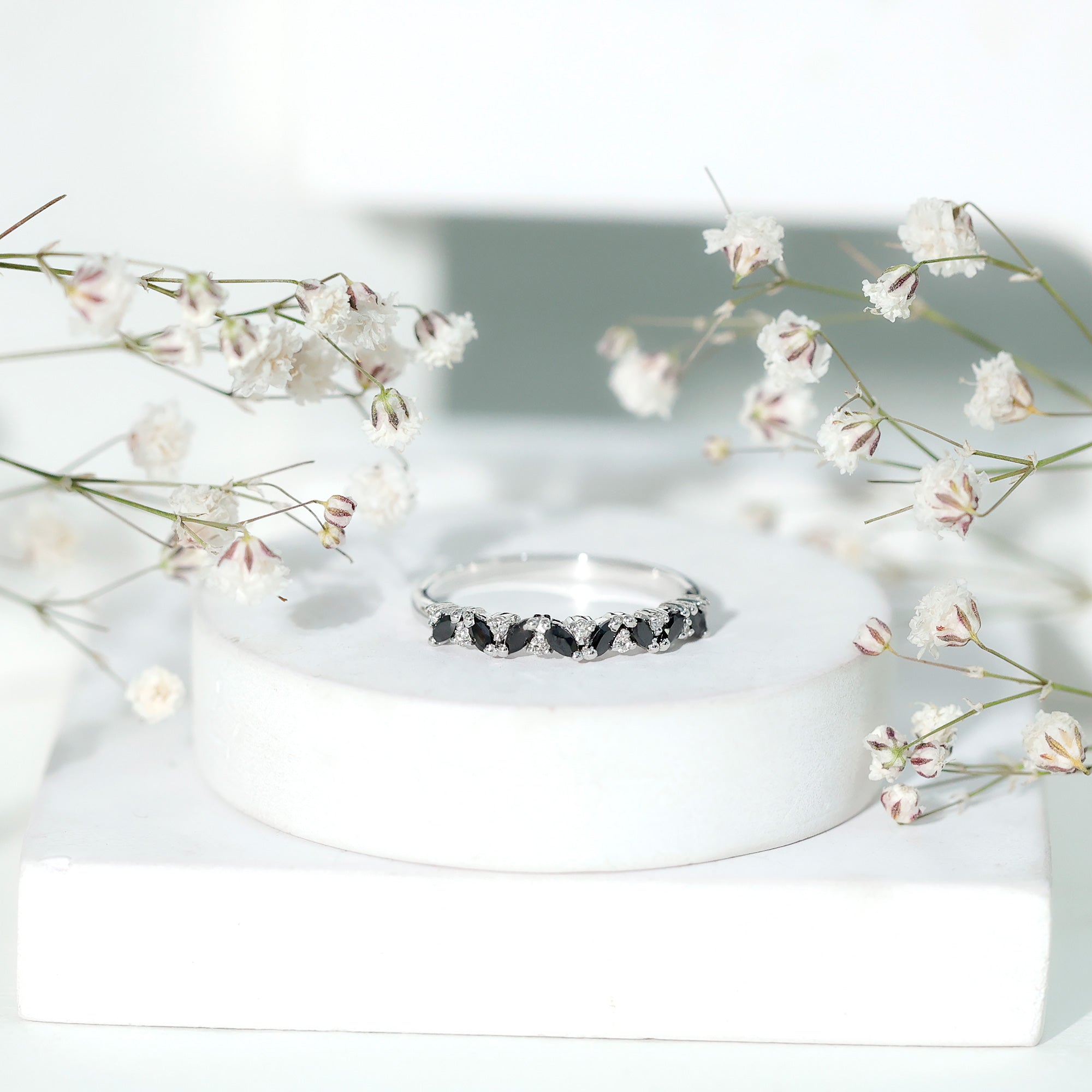 Natural Marquise Black Spinel Diamond Half Eternity Ring AAA - Rosec Jewels