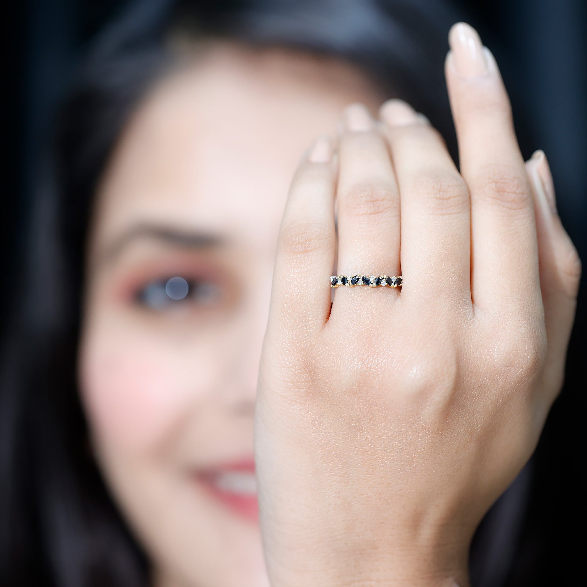 Natural Marquise Black Spinel Diamond Half Eternity Ring AAA - Rosec Jewels