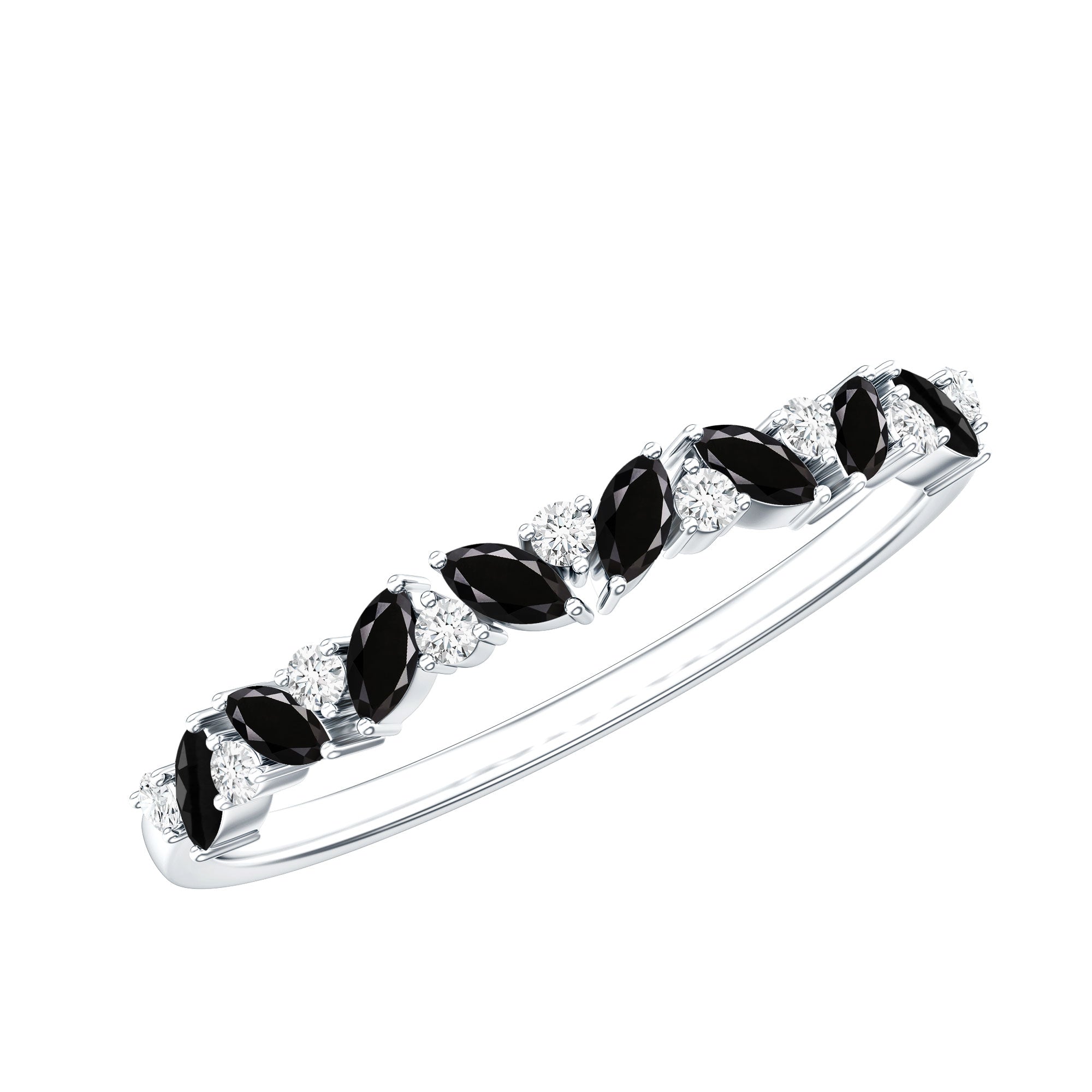 Minimalist Black Onyx and Diamond Half Eternity Ring AAA - Rosec Jewels