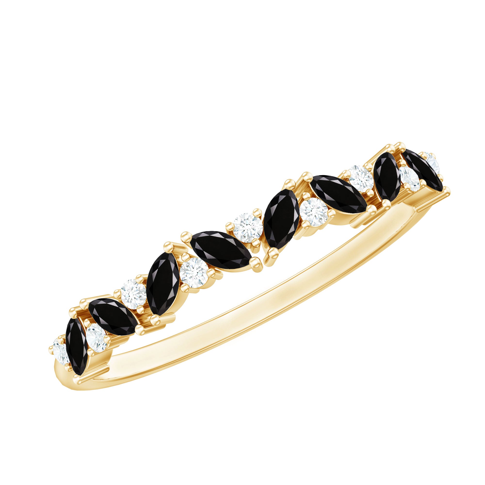Minimalist Black Onyx and Diamond Half Eternity Ring AAA - Rosec Jewels