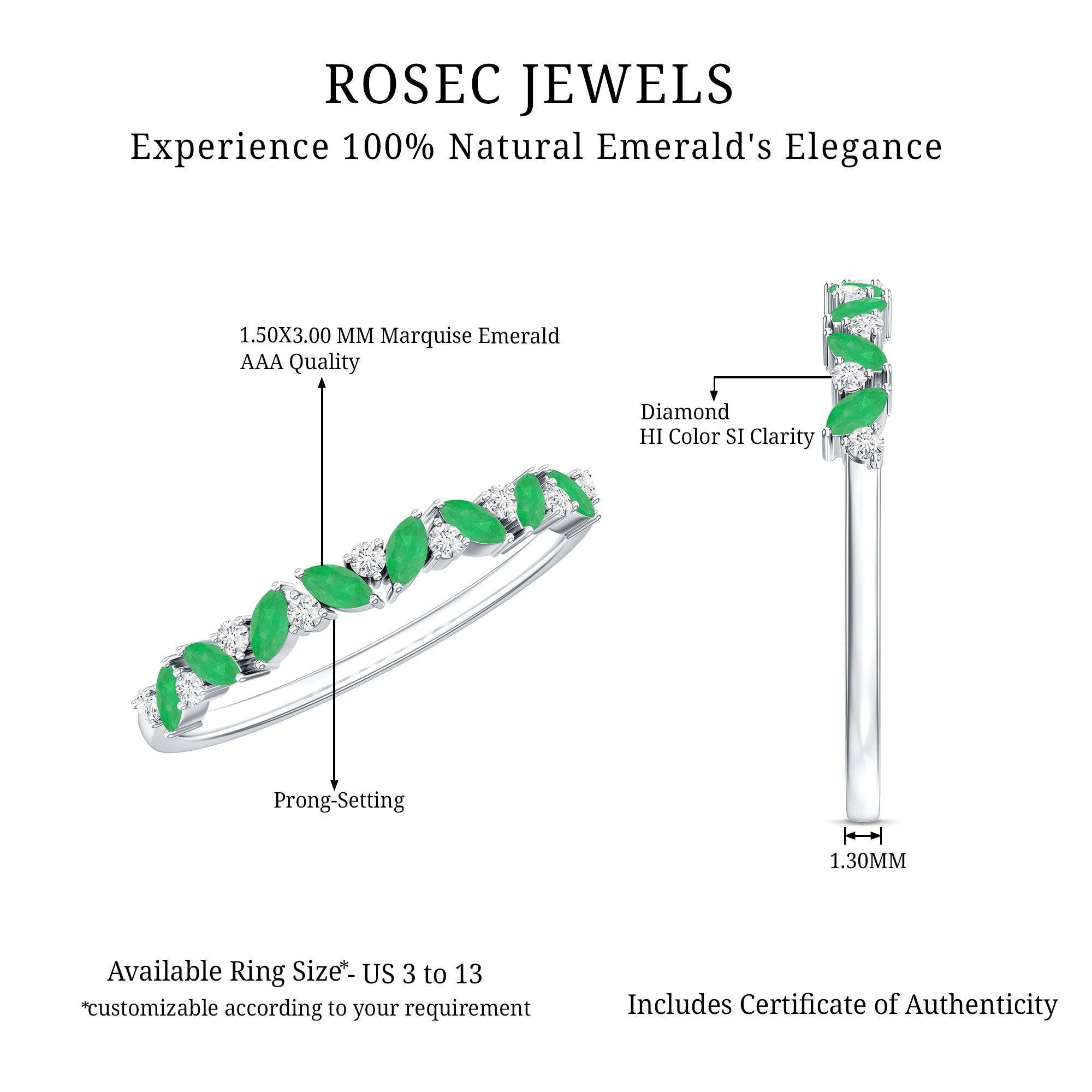 Marquise Emerald and Diamond Half Eternity Ring AAA - Rosec Jewels