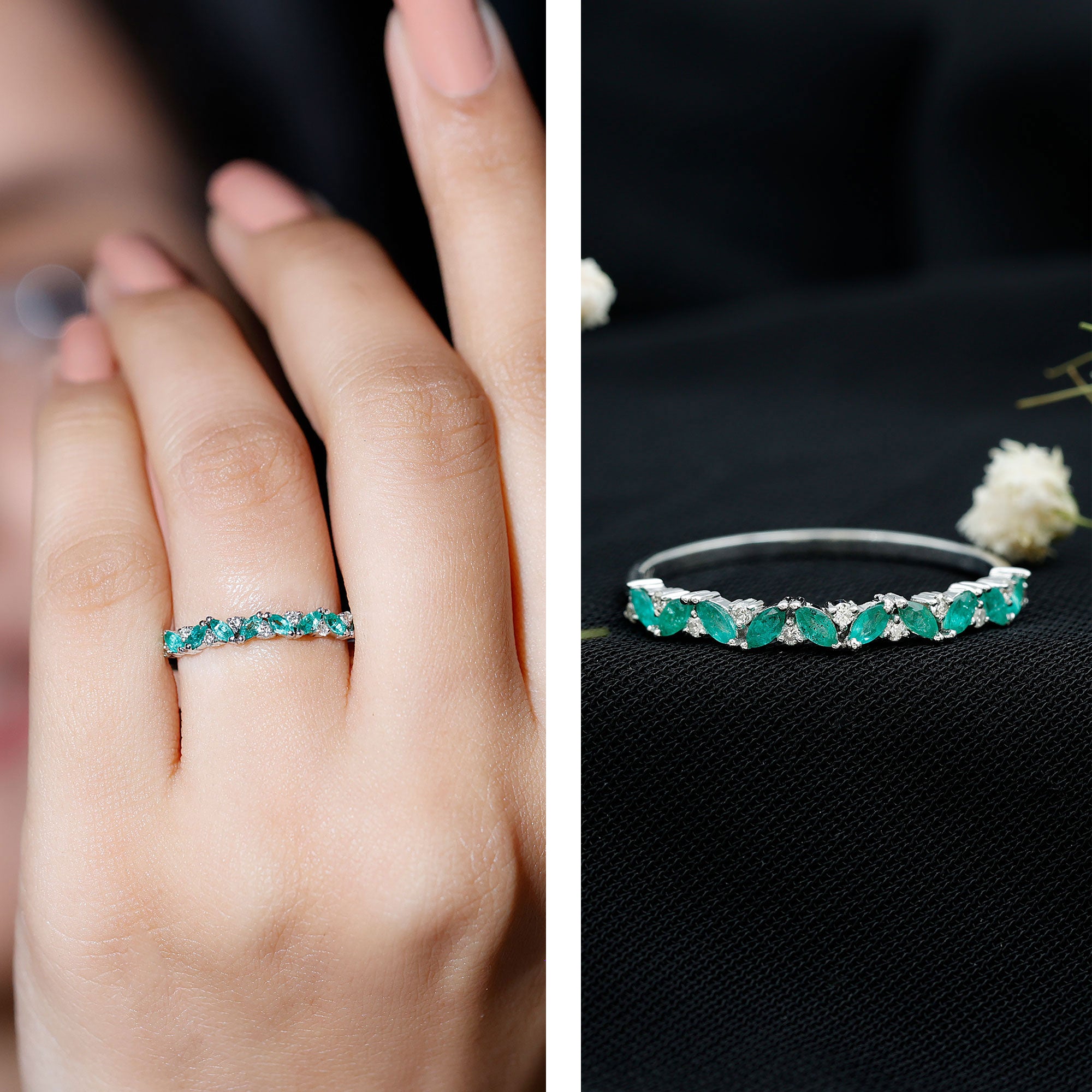 Marquise Emerald and Diamond Half Eternity Ring AAA - Rosec Jewels