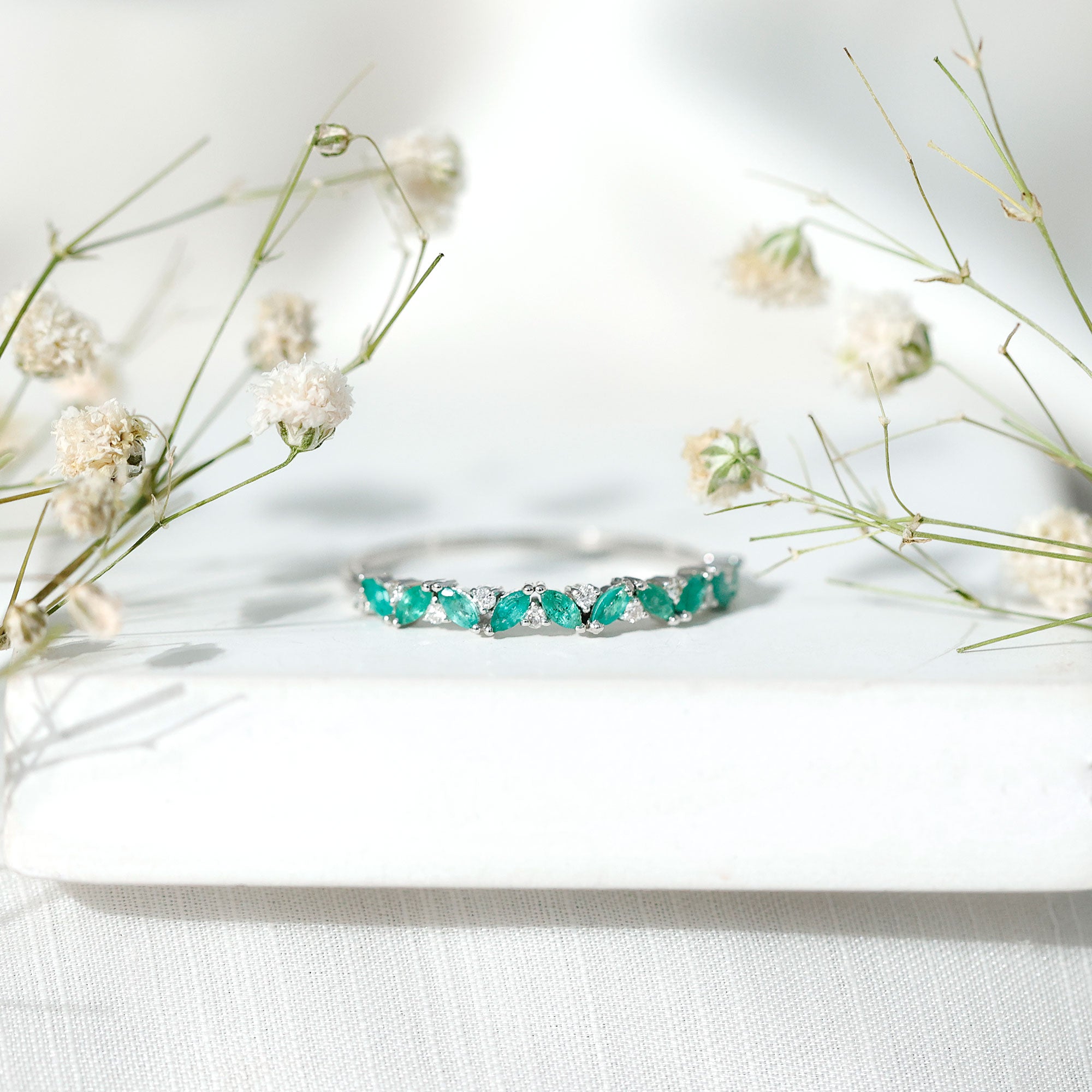Marquise Emerald and Diamond Half Eternity Ring AAA - Rosec Jewels