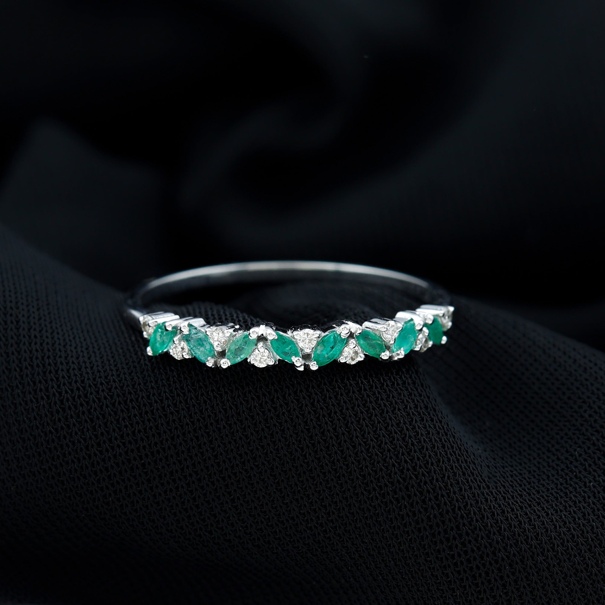 Marquise Emerald and Diamond Half Eternity Ring AAA - Rosec Jewels