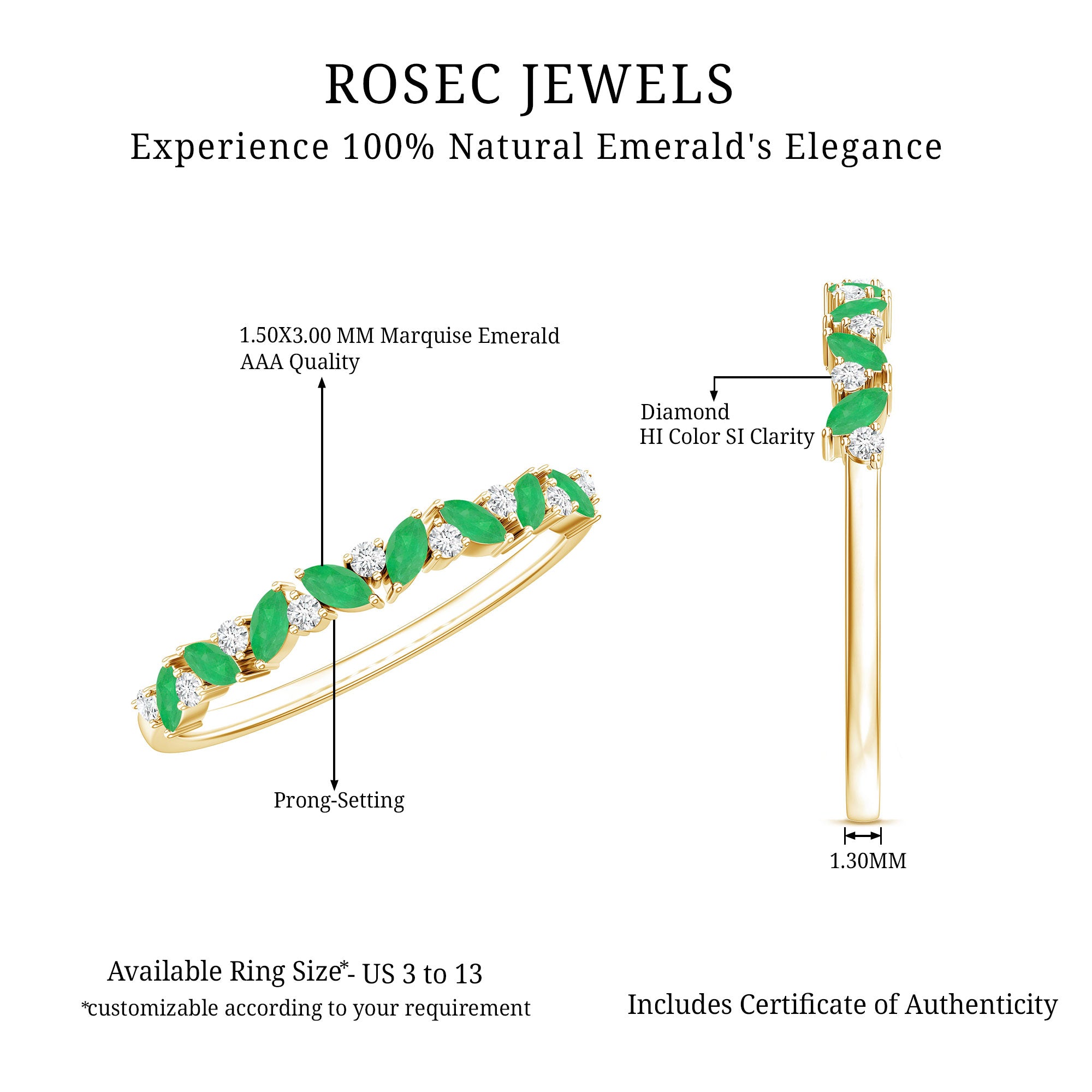Marquise Emerald and Diamond Half Eternity Ring AAA - Rosec Jewels