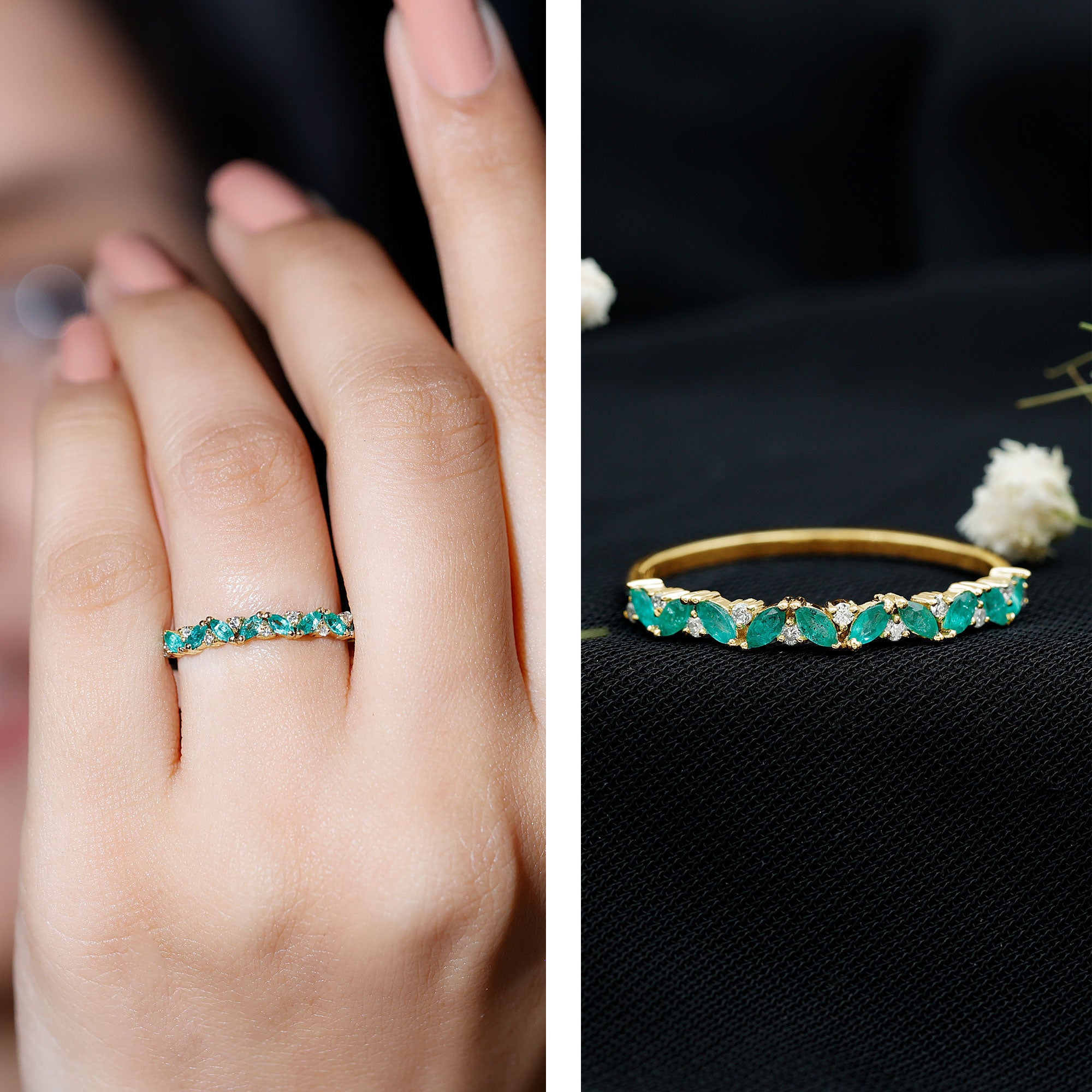 Marquise Emerald and Diamond Half Eternity Ring AAA - Rosec Jewels