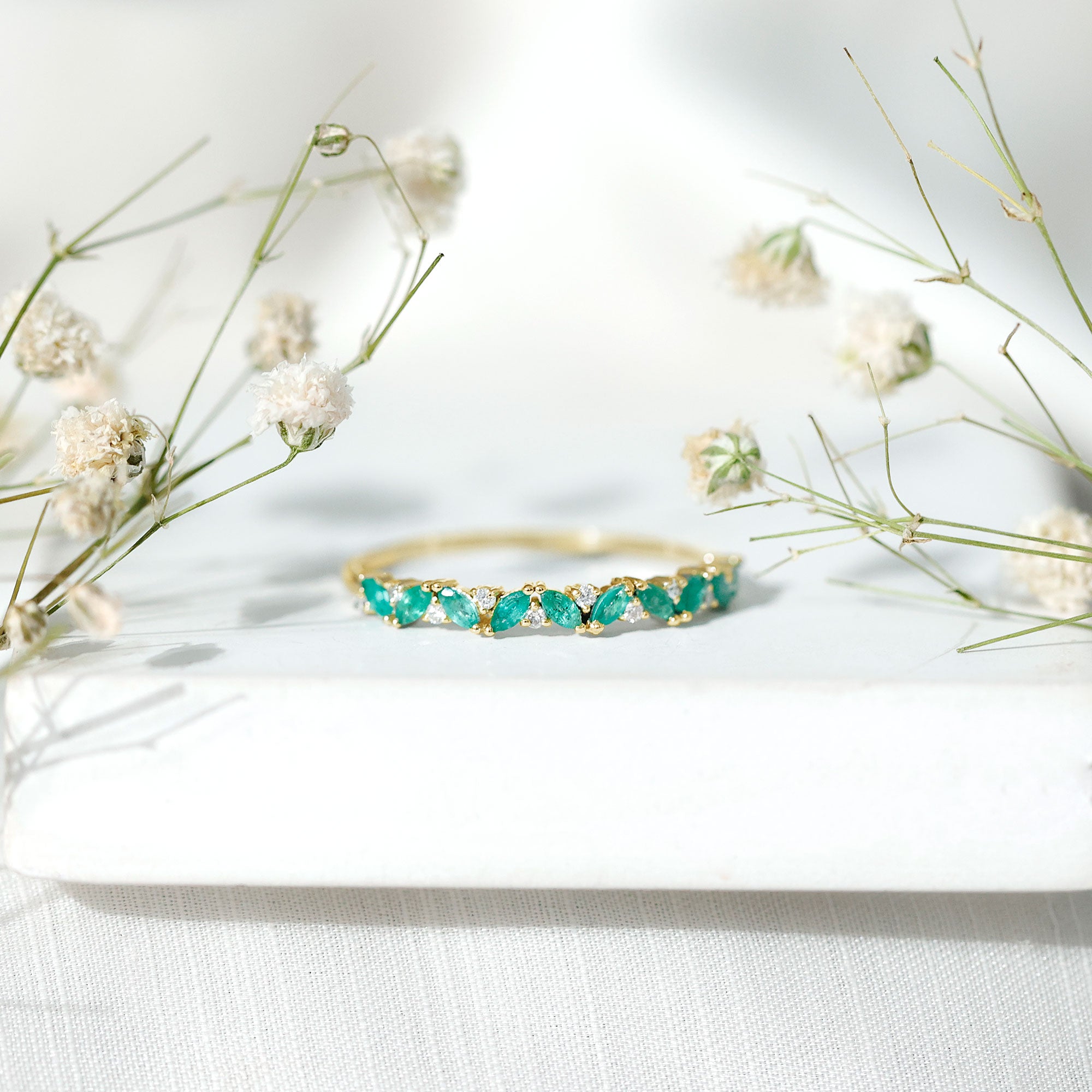Marquise Emerald and Diamond Half Eternity Ring AAA - Rosec Jewels