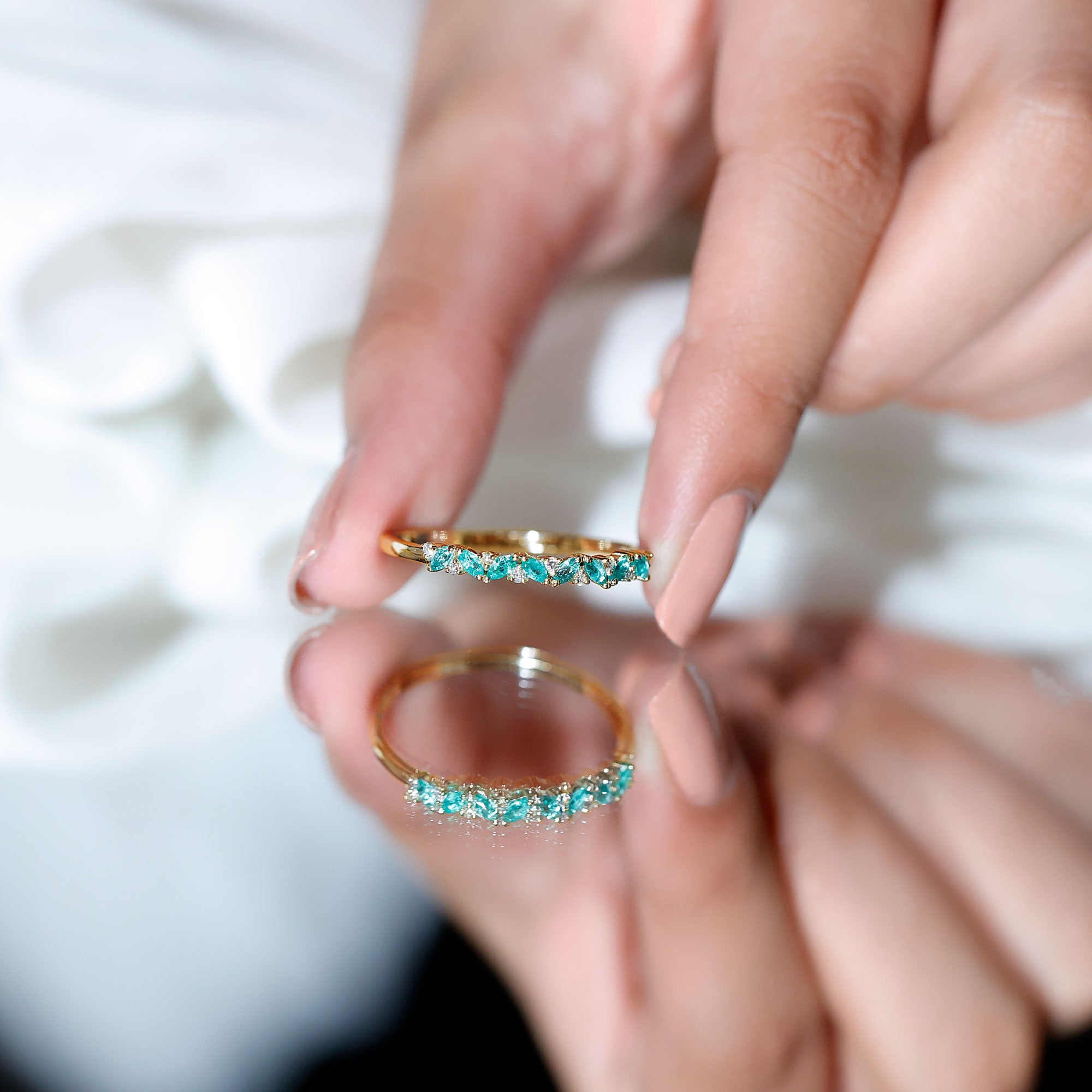 Marquise Emerald and Diamond Half Eternity Ring AAA - Rosec Jewels