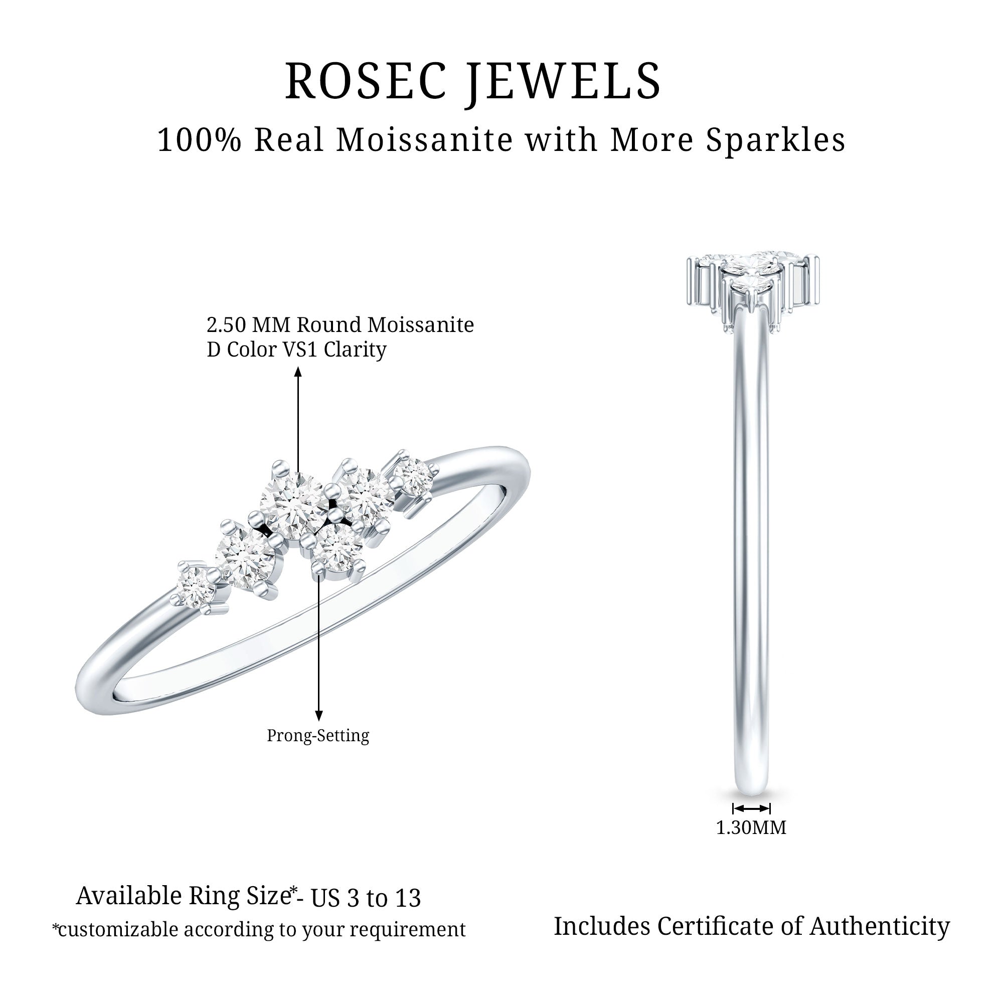 Certified Moissanite Cluster Promise Ring D-VS1 - Rosec Jewels