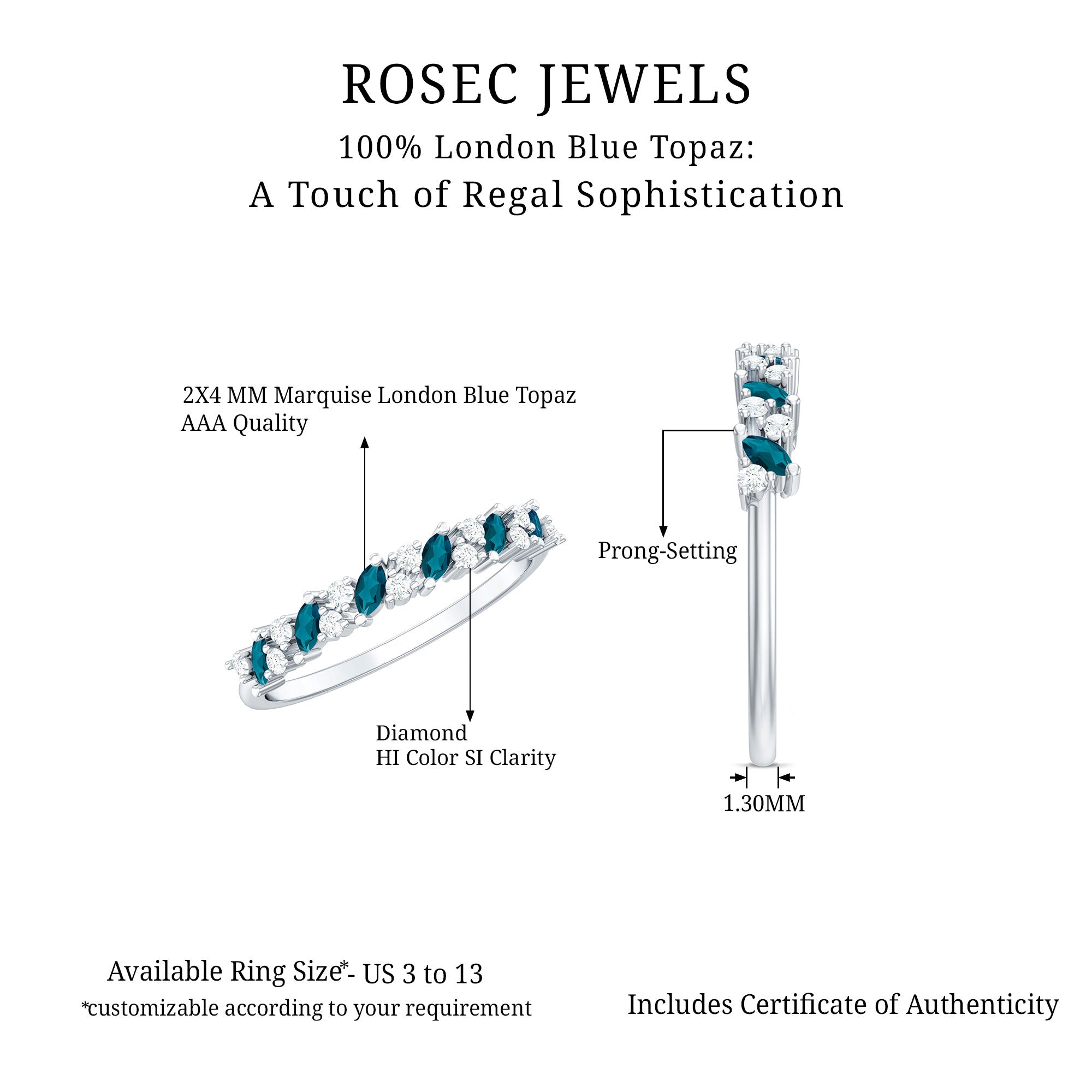 Marquise London Blue Topaz Anniversary Ring with Diamond AAA - Rosec Jewels