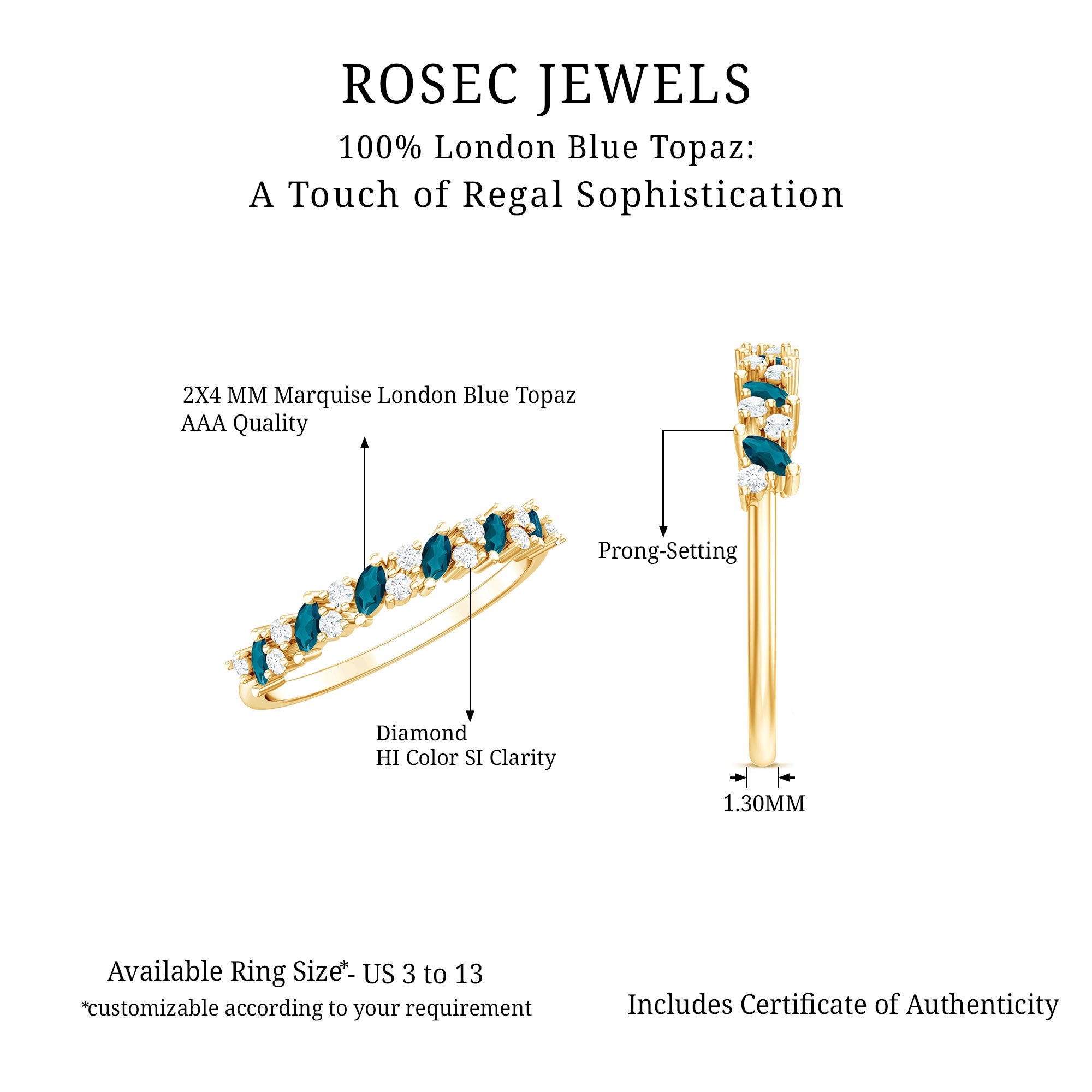 Marquise London Blue Topaz Anniversary Ring with Diamond AAA - Rosec Jewels