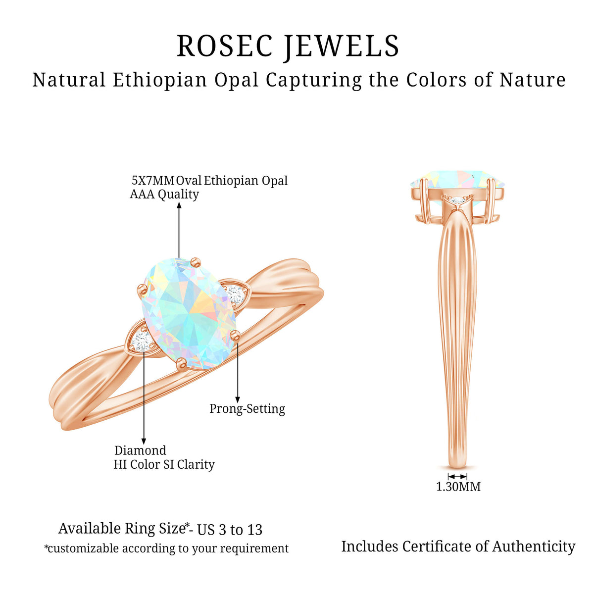 Natural Solitaire Ethiopian Opal Diamond Oval Engagement Ring With Pinched Shank AAA - Rosec Jewels