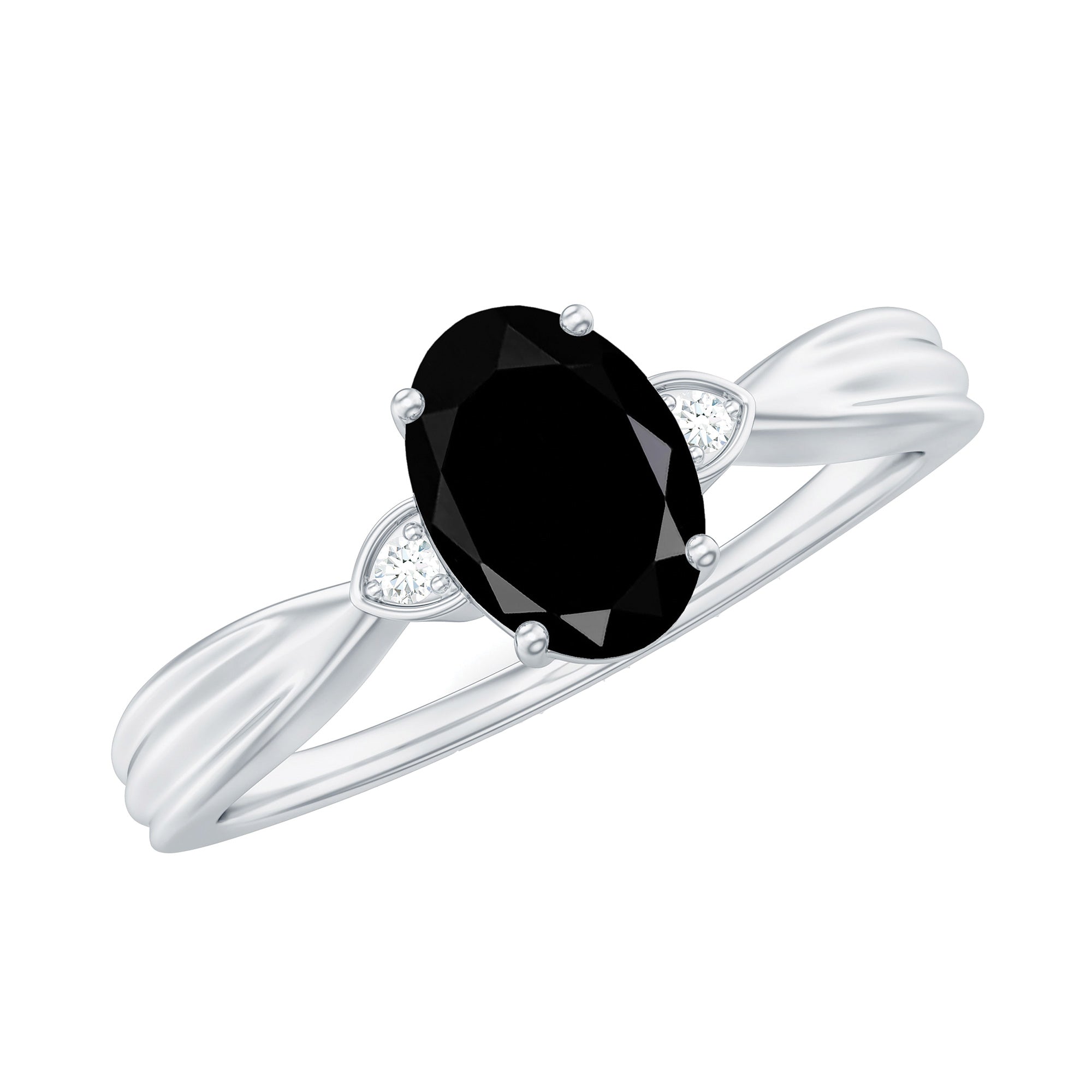 Solitaire Black Onyx Oval Engagement Ring with Diamond AAA - Rosec Jewels
