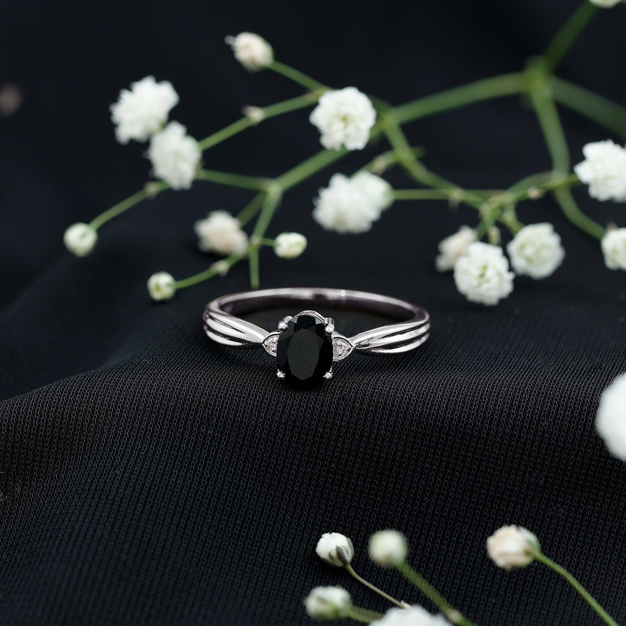 Solitaire Black Onyx Oval Engagement Ring with Diamond AAA - Rosec Jewels