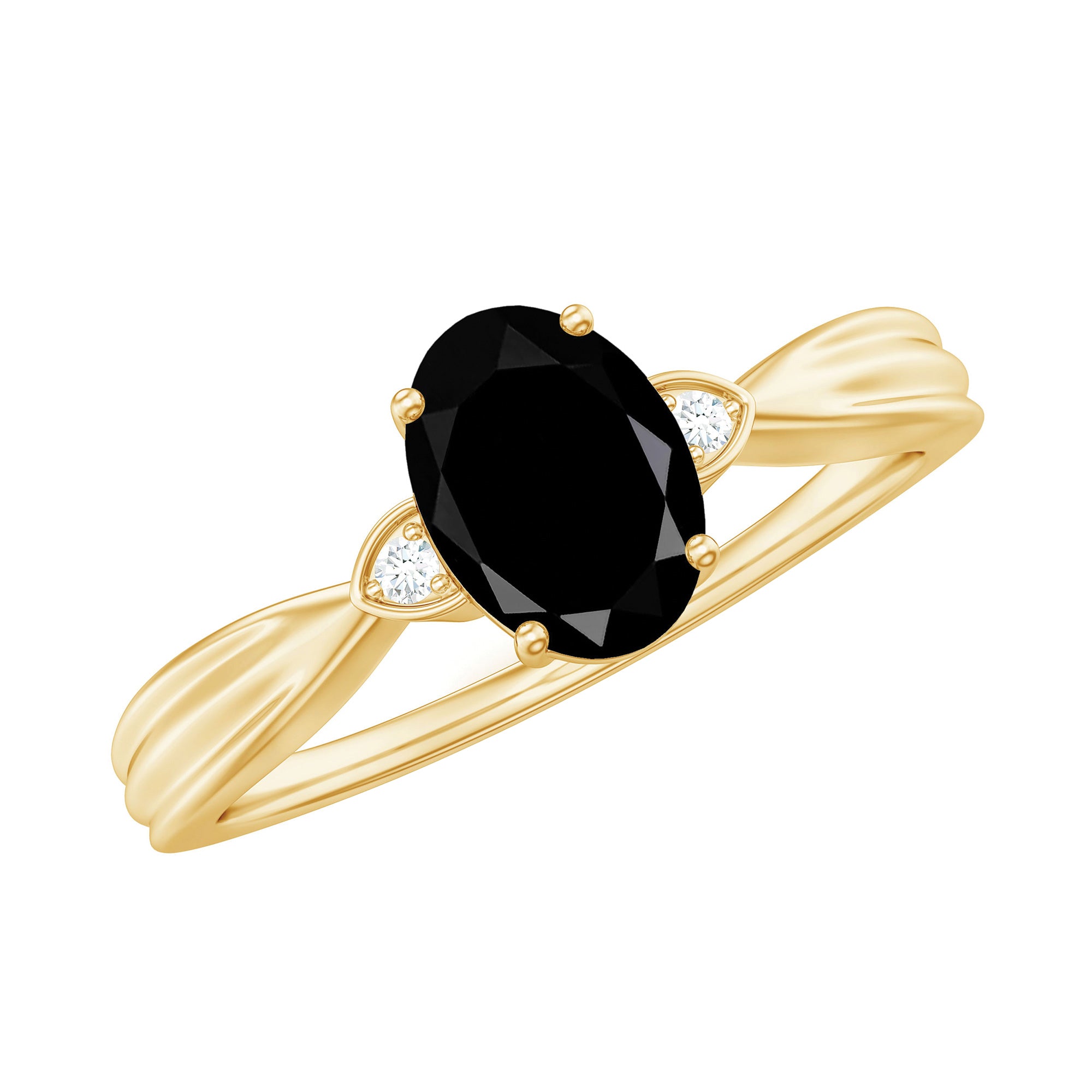 Solitaire Black Onyx Oval Engagement Ring with Diamond AAA - Rosec Jewels
