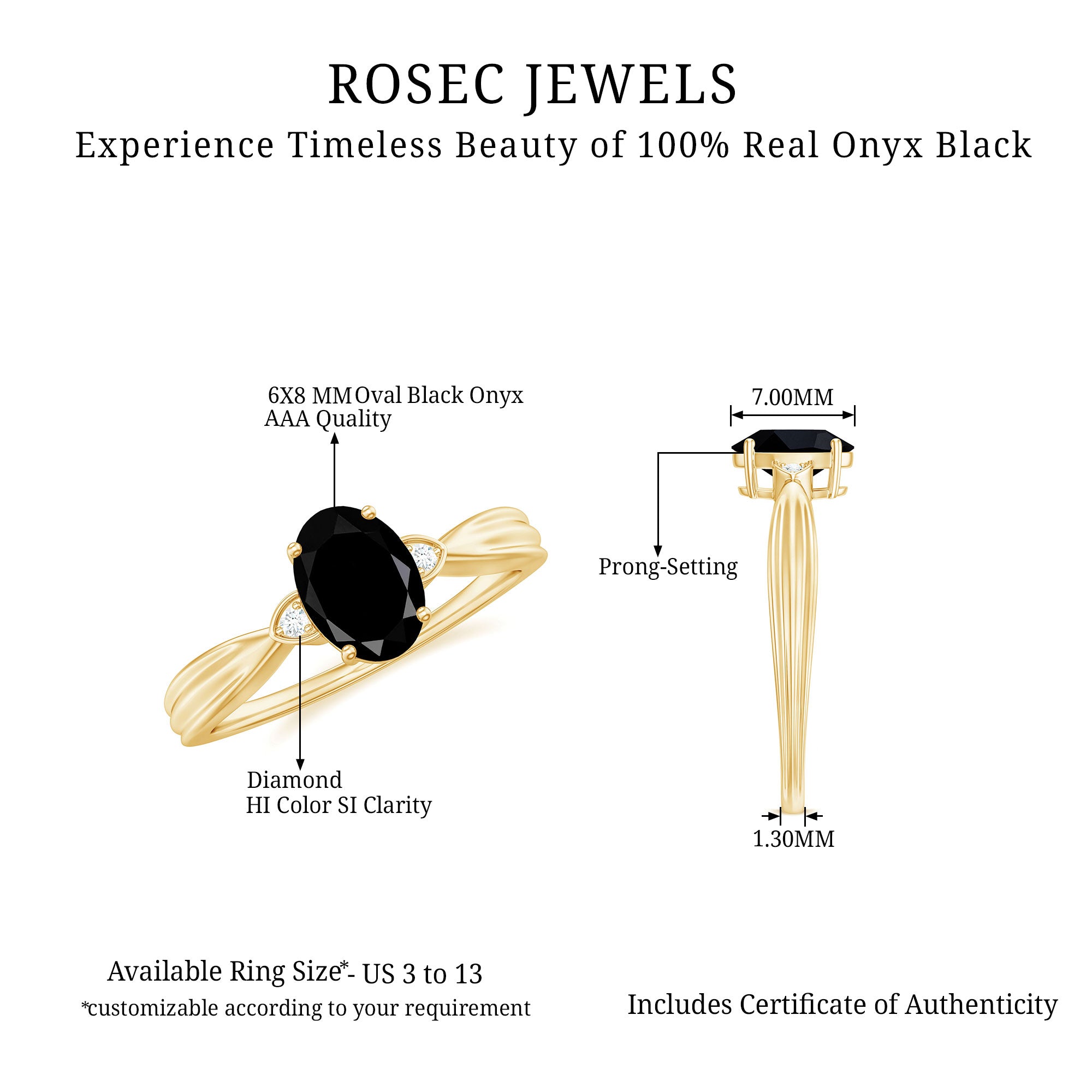 Solitaire Black Onyx Oval Engagement Ring with Diamond AAA - Rosec Jewels