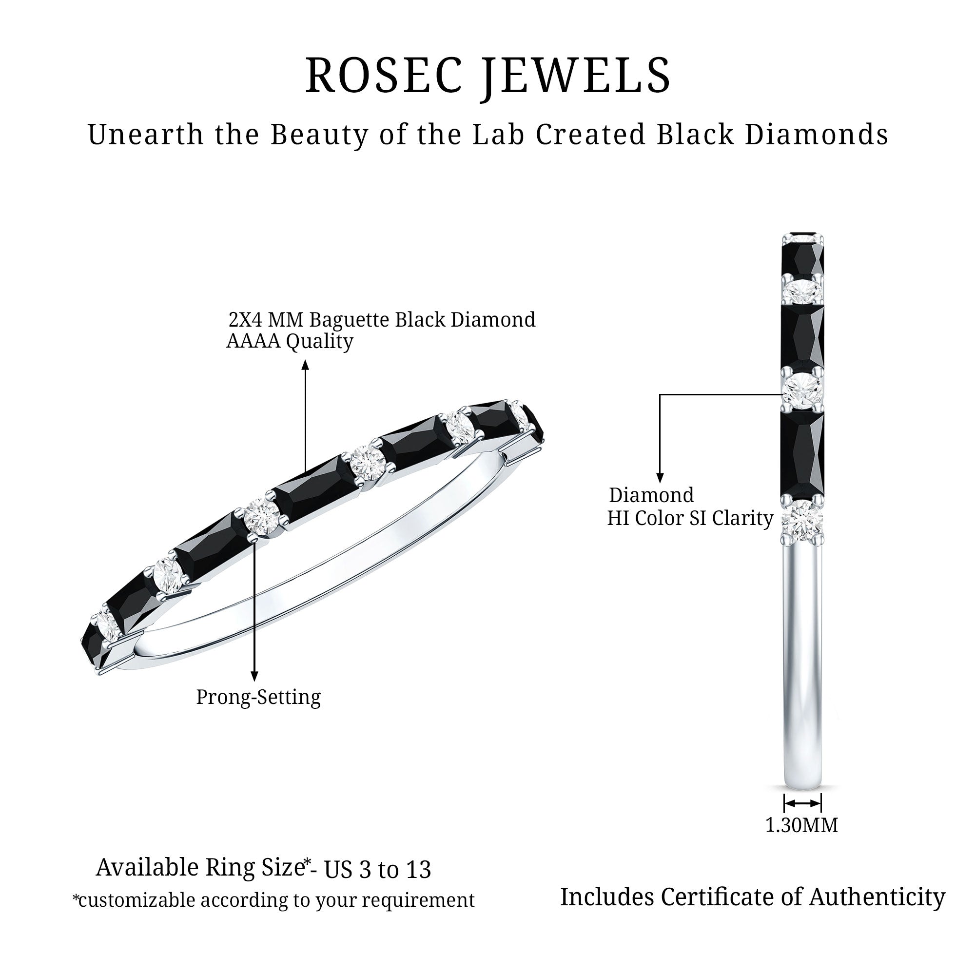 Certified Baguette Lab Grown Black and White Diamond Half Eternity Ring AAAA ( Synthetic ) - Rosec Jewels