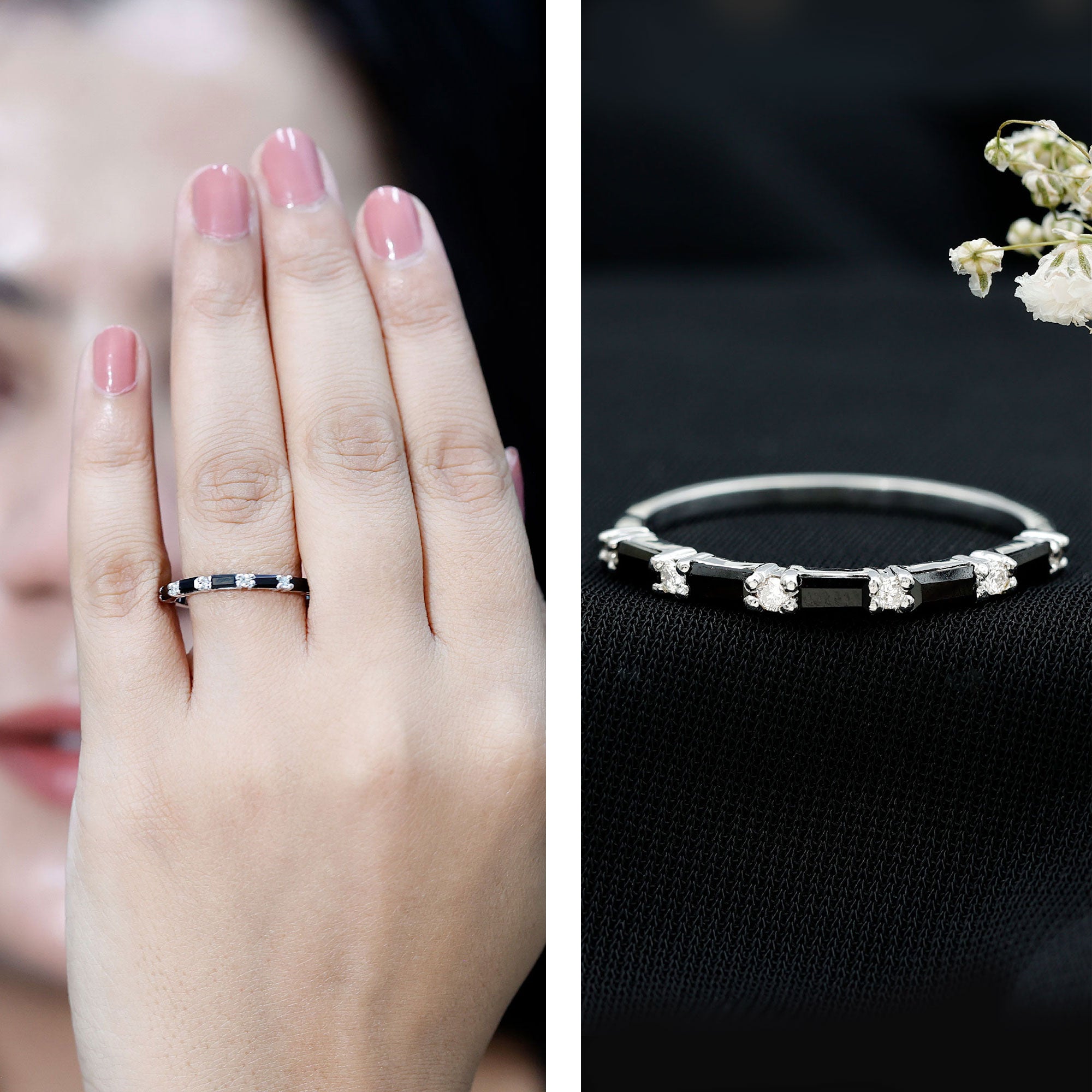 Certified Baguette Lab Grown Black and White Diamond Half Eternity Ring AAAA ( Synthetic ) - Rosec Jewels