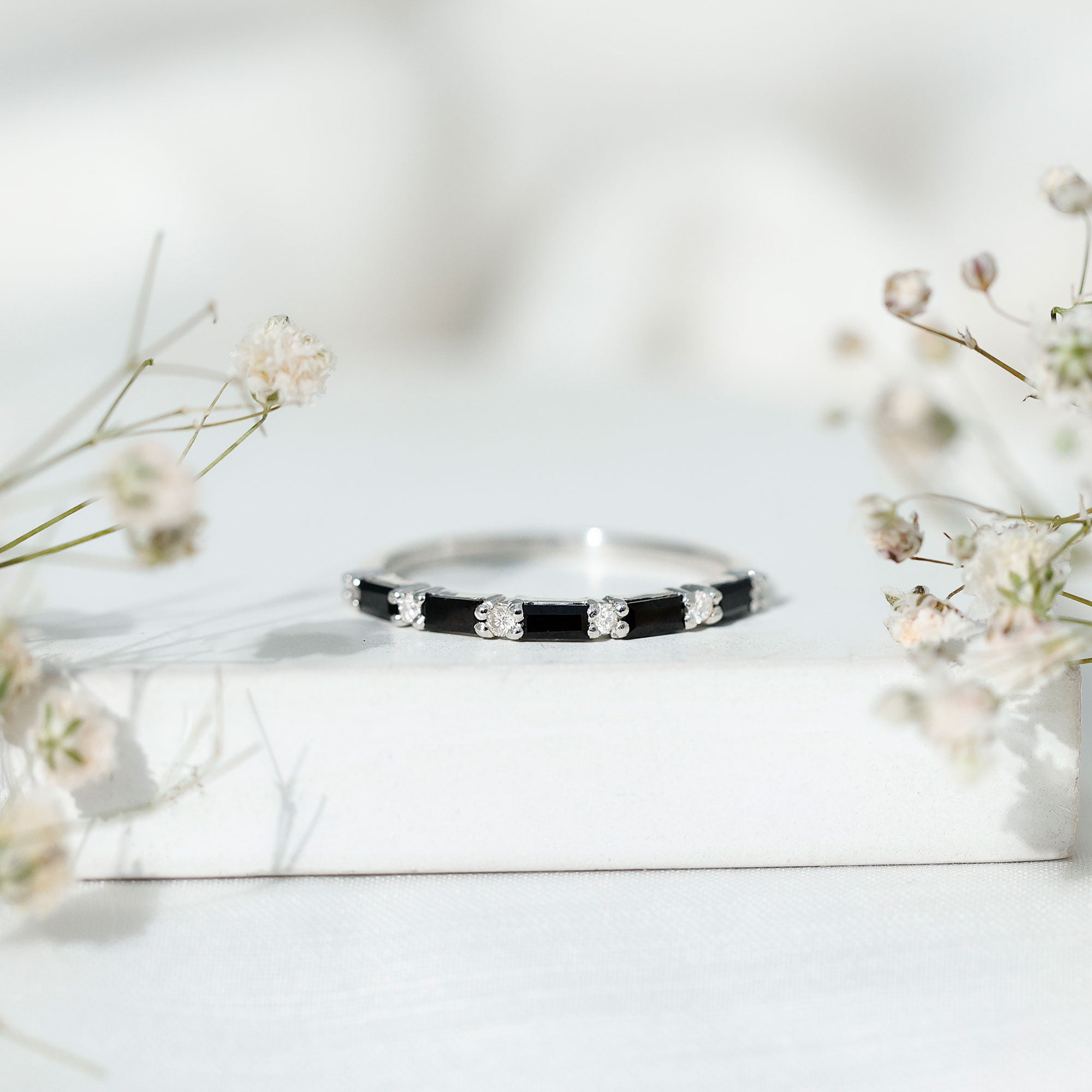 Certified Baguette Lab Grown Black and White Diamond Half Eternity Ring AAAA ( Synthetic ) - Rosec Jewels