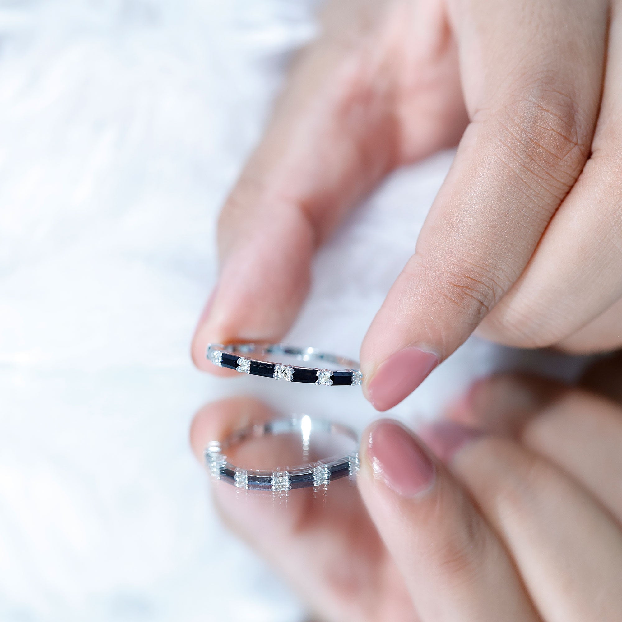 Certified Baguette Lab Grown Black and White Diamond Half Eternity Ring AAAA ( Synthetic ) - Rosec Jewels