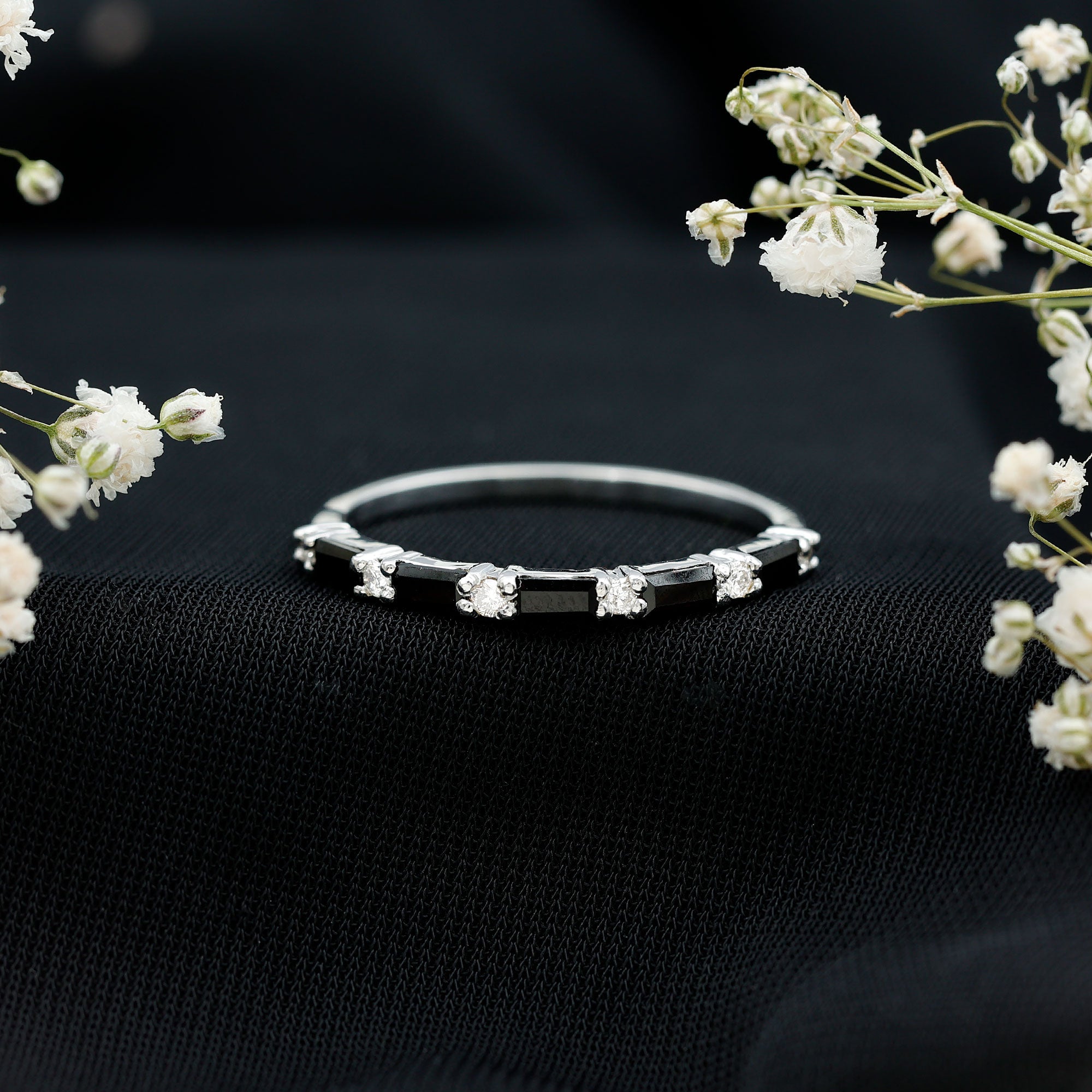 Certified Baguette Lab Grown Black and White Diamond Half Eternity Ring AAAA ( Synthetic ) - Rosec Jewels