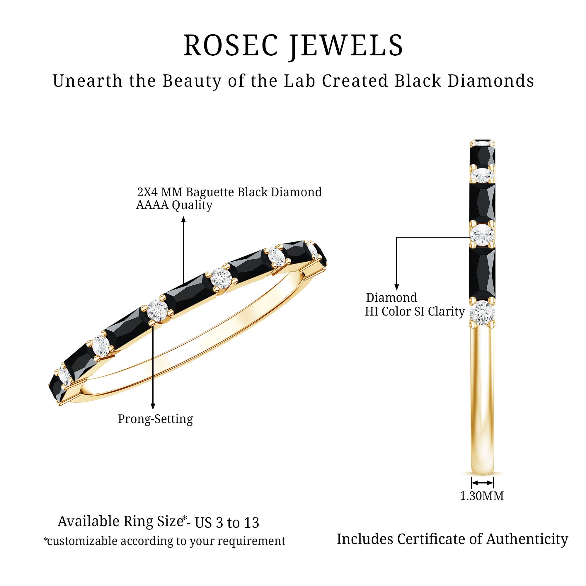 Certified Baguette Lab Grown Black and White Diamond Half Eternity Ring AAAA ( Synthetic ) - Rosec Jewels